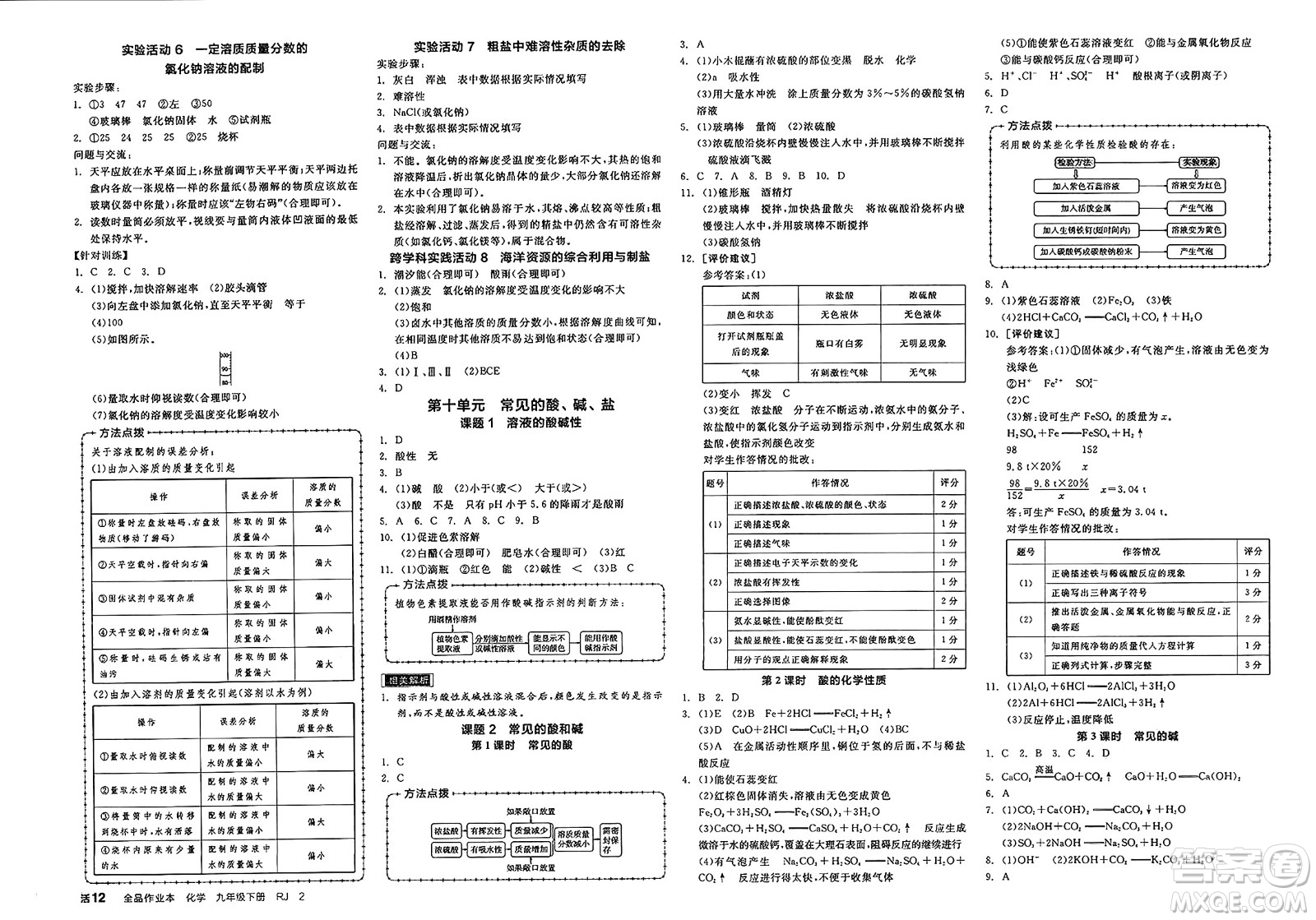 沈陽出版社2025年春全品作業(yè)本九年級化學下冊人教版天津專版答案