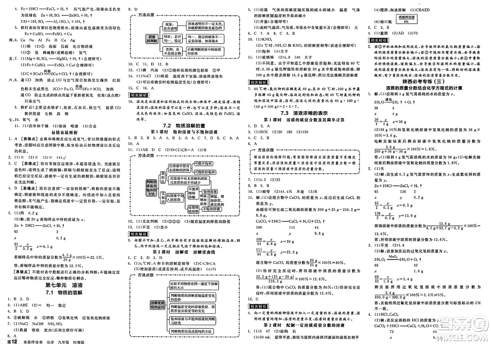 延邊教育出版社2025年春全品作業(yè)本九年級化學下冊科粵版陜西專版答案