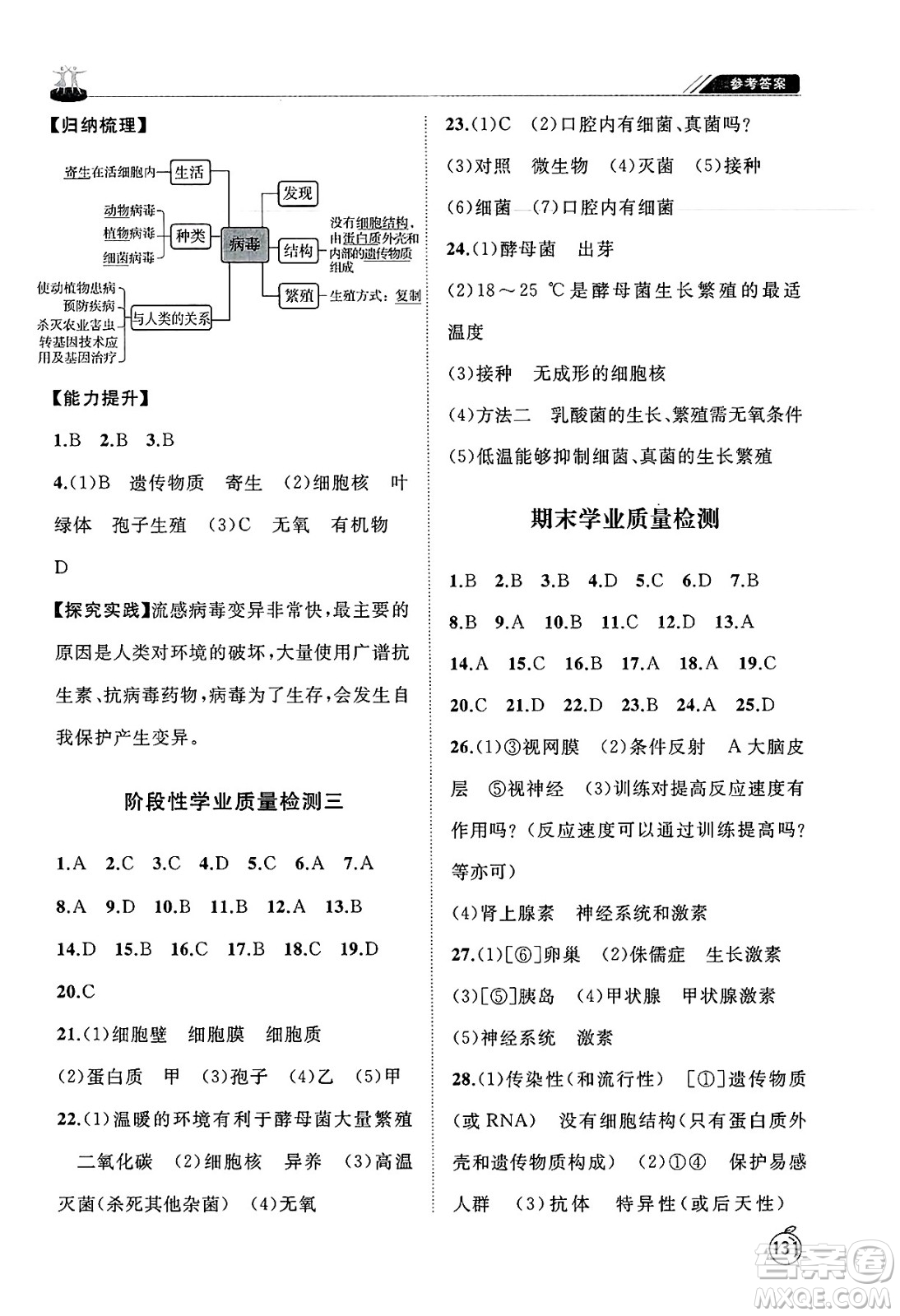 山東友誼出版社2025年春初中同步練習(xí)冊七年級生物下冊魯科版五四制答案