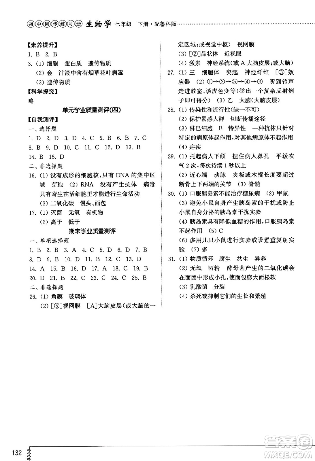 山東教育出版社2025年春初中同步練習冊七年級生物下冊魯科版五四制答案