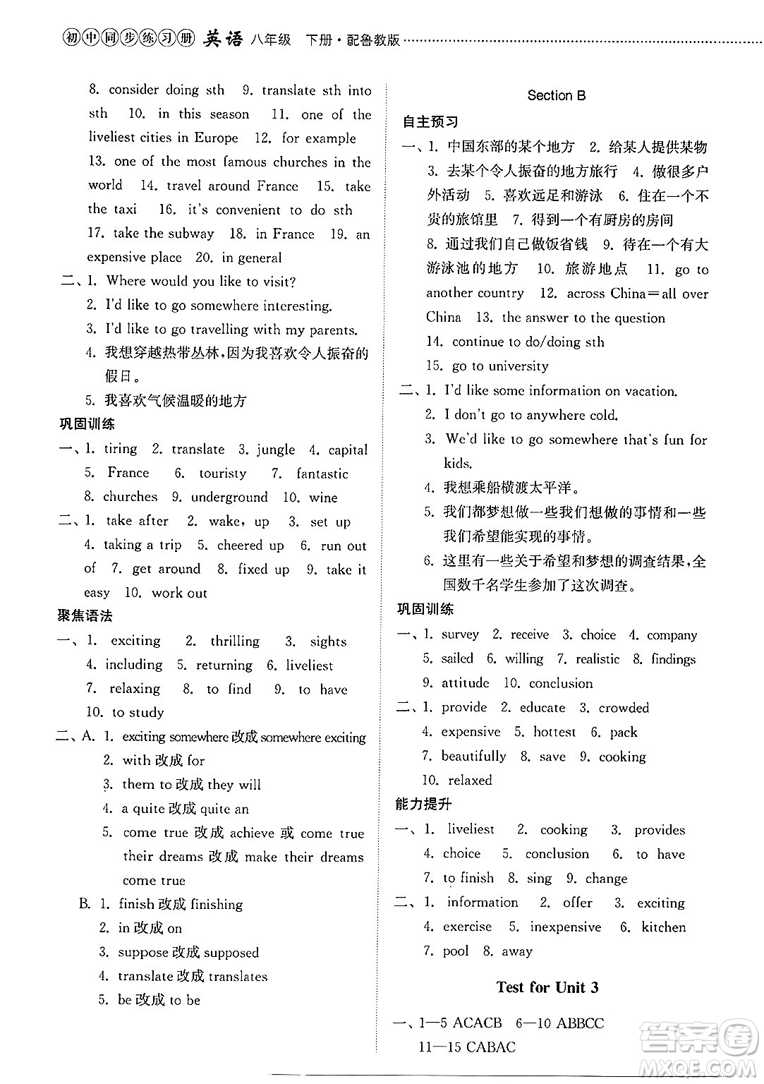 山東教育出版社2025年春初中同步練習(xí)冊八年級英語下冊魯教版五四制答案