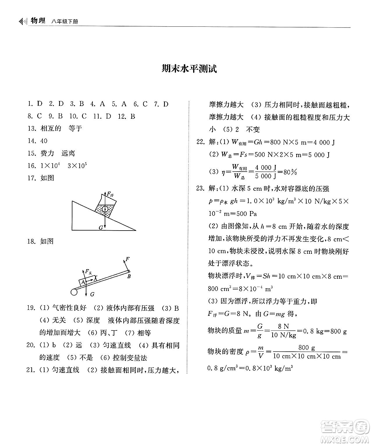 山東科學(xué)技術(shù)出版社2025年春初中同步練習(xí)冊八年級物理下冊人教版山東專版答案