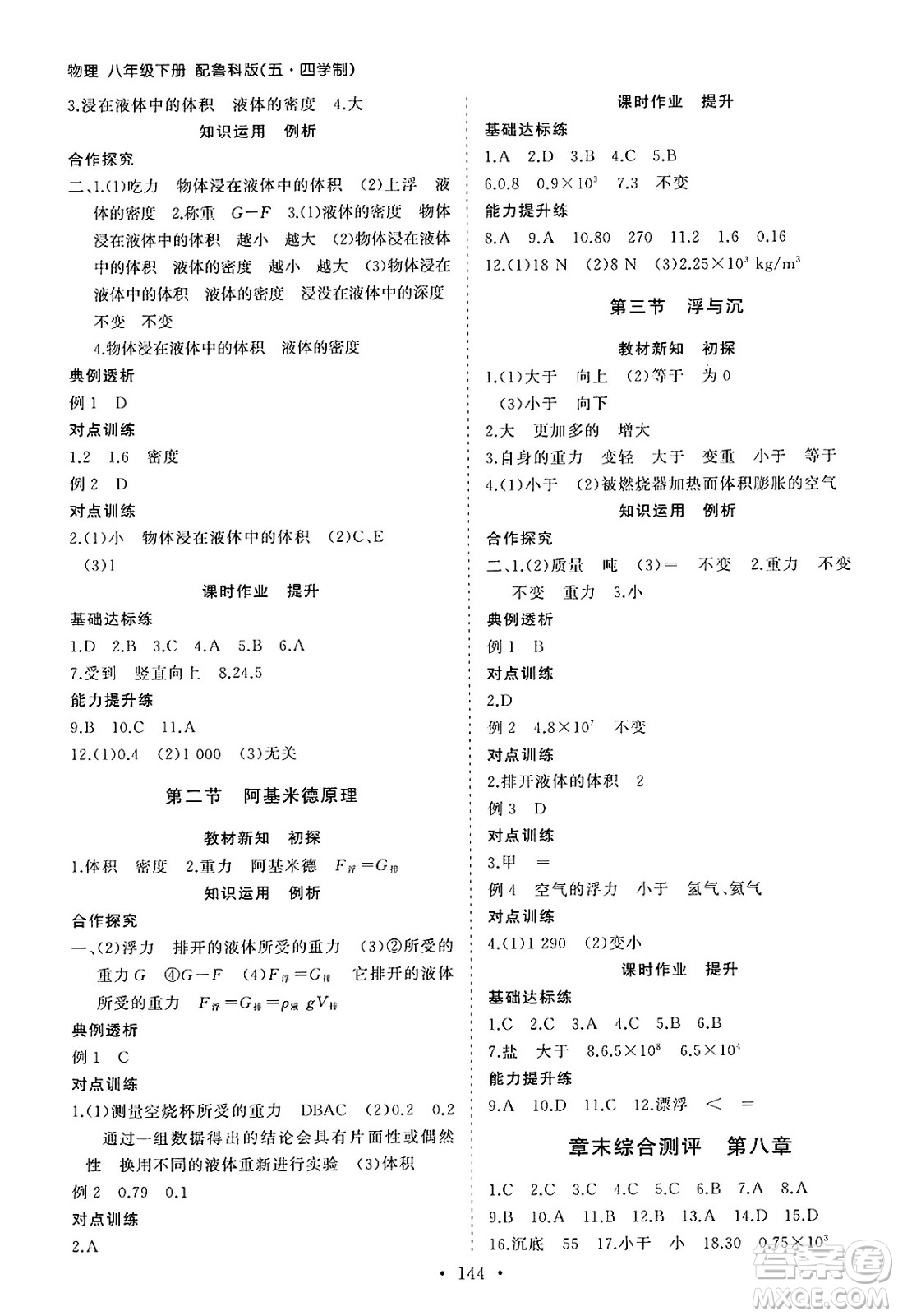 山東人民出版社2025年春初中同步練習冊八年級物理下冊魯教版五四制答案