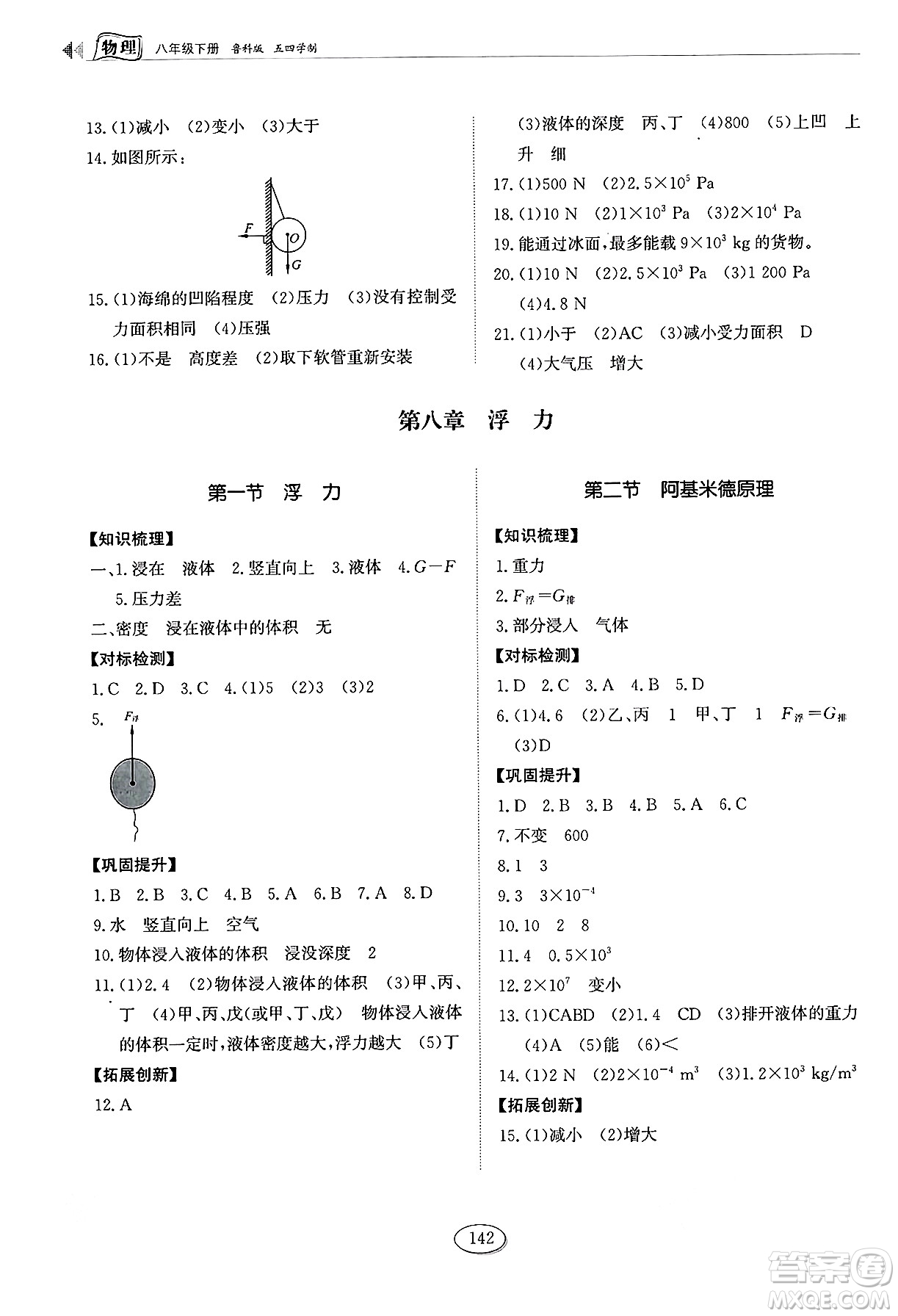 山東科學(xué)技術(shù)出版社2025年春初中同步練習(xí)冊八年級物理下冊魯教版五四制答案