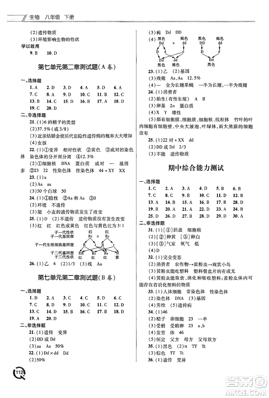 青島出版社2025年春初中同步練習冊八年級生物下冊人教版答案
