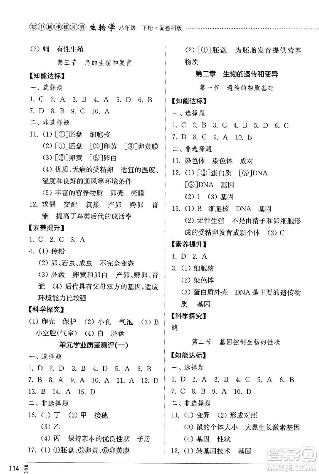 山東教育出版社2025年春初中同步練習(xí)冊八年級生物下冊魯科版五四制答案