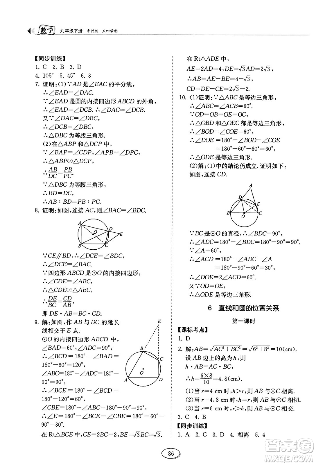 山東科學(xué)技術(shù)出版社2025年春初中同步練習(xí)冊(cè)九年級(jí)數(shù)學(xué)下冊(cè)魯教版五四制答案