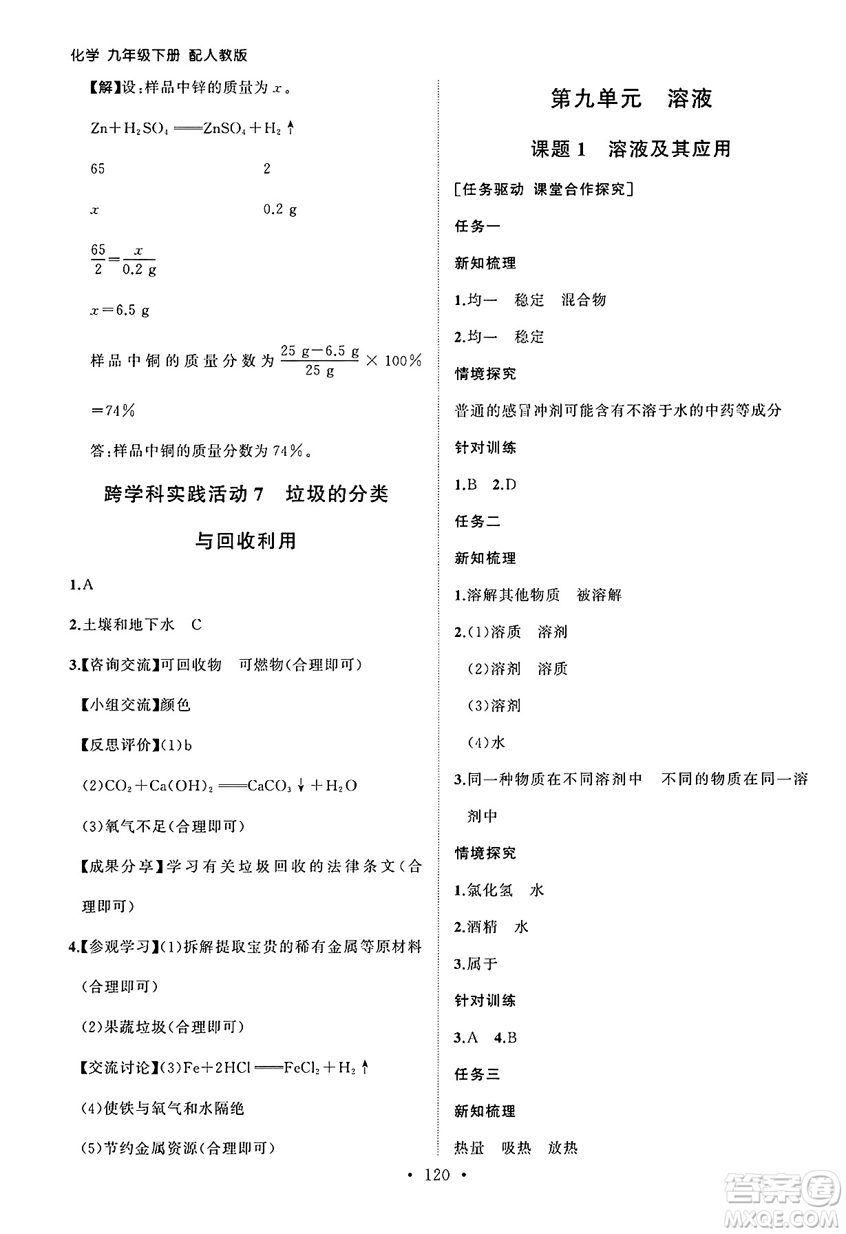 山東人民出版社2025年春初中同步練習(xí)冊九年級化學(xué)下冊人教版山東專版答案