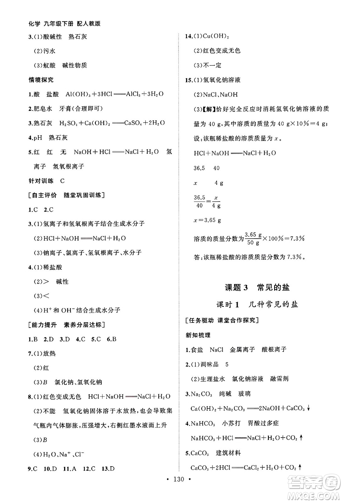 山東人民出版社2025年春初中同步練習(xí)冊九年級化學(xué)下冊人教版山東專版答案