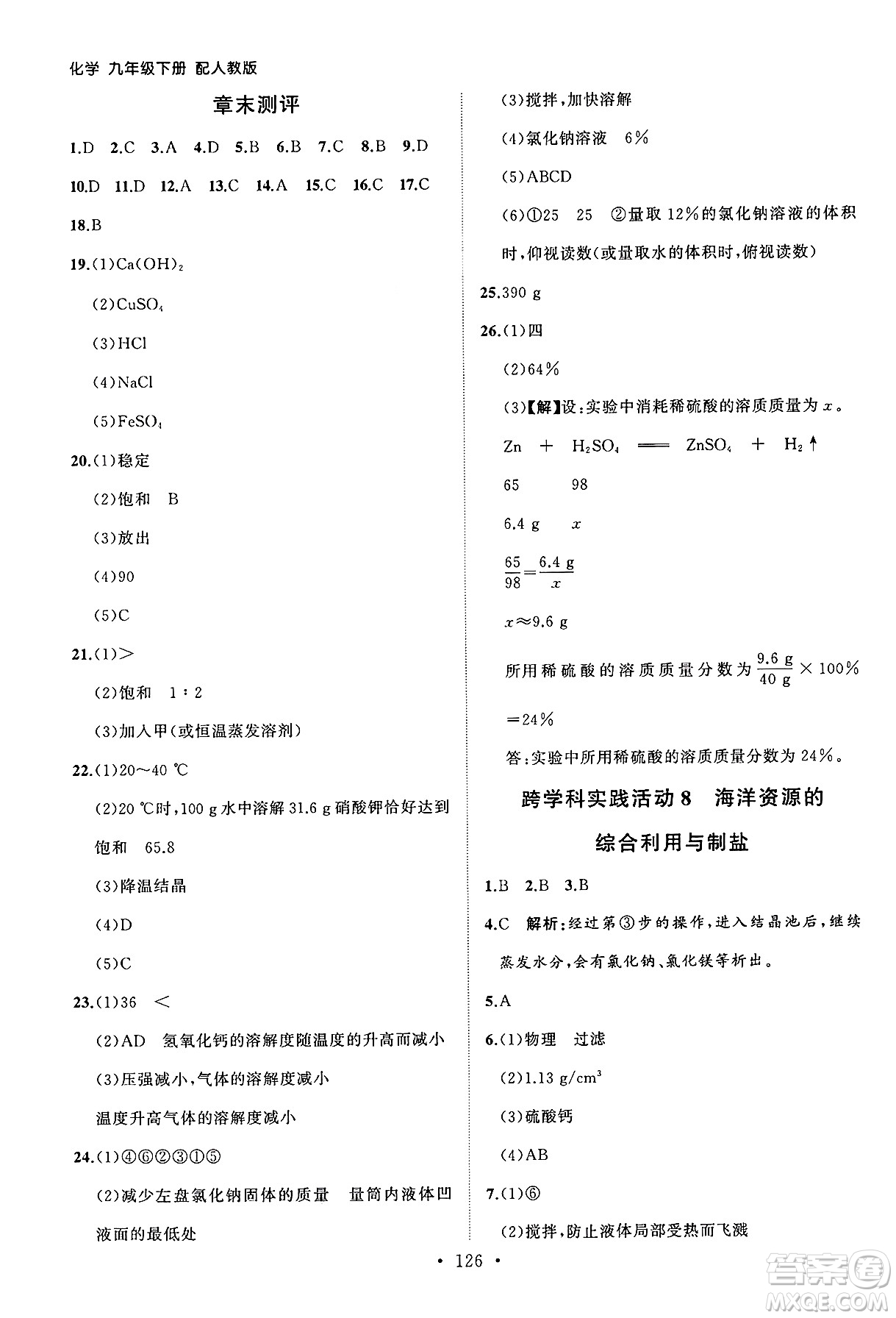 山東人民出版社2025年春初中同步練習(xí)冊九年級化學(xué)下冊人教版山東專版答案