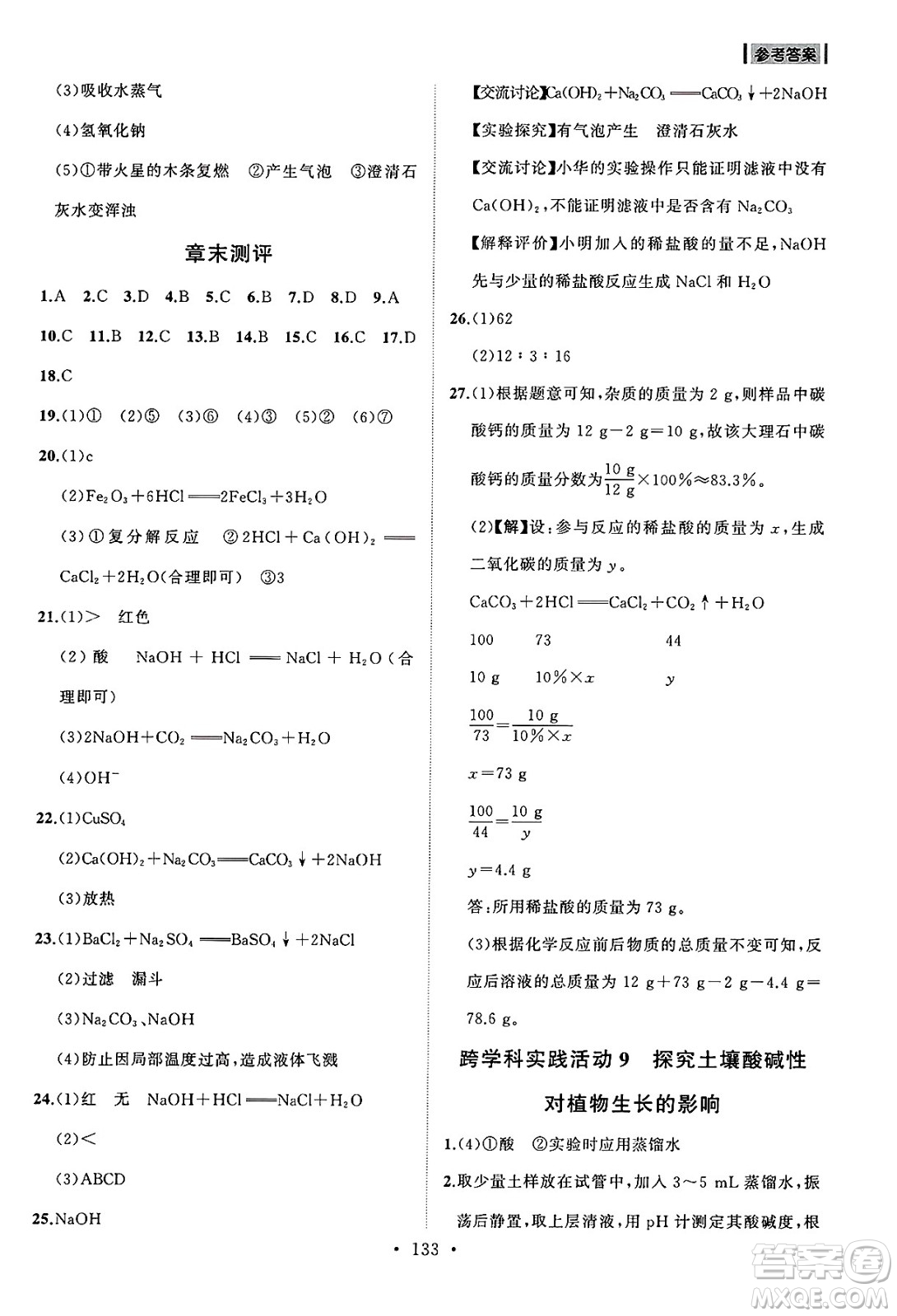 山東人民出版社2025年春初中同步練習(xí)冊九年級化學(xué)下冊人教版山東專版答案