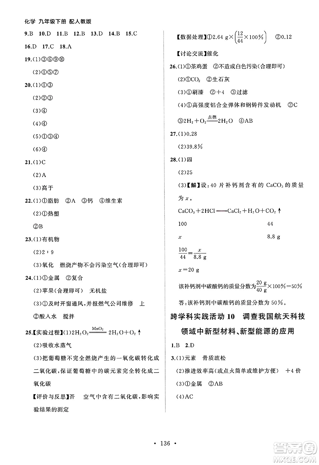 山東人民出版社2025年春初中同步練習(xí)冊九年級化學(xué)下冊人教版山東專版答案