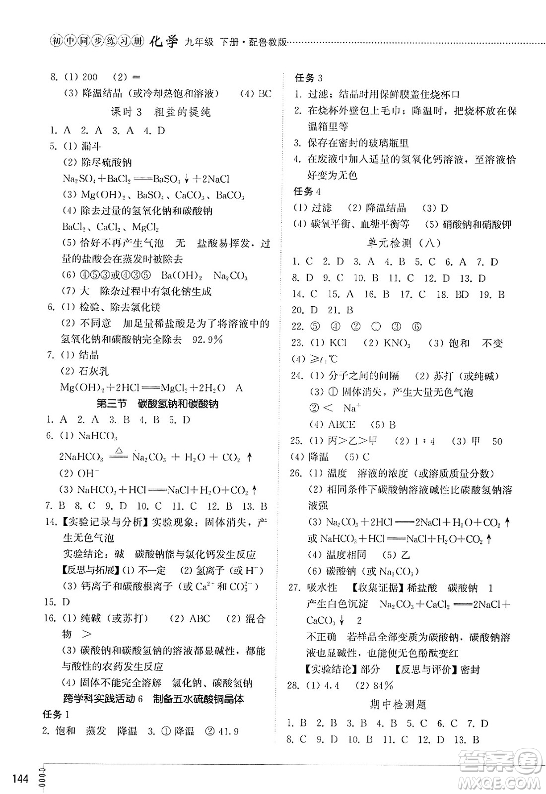 山東教育出版社2025年春初中同步練習(xí)冊九年級化學(xué)下冊魯教版答案