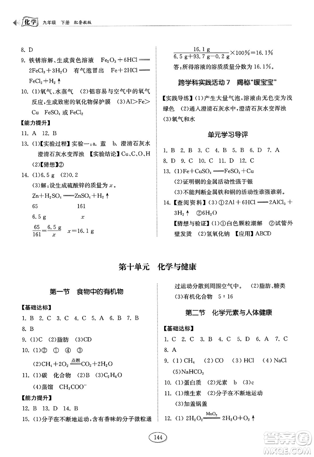 山東科學(xué)技術(shù)出版社2025年春初中同步練習(xí)冊(cè)九年級(jí)化學(xué)下冊(cè)魯教版答案