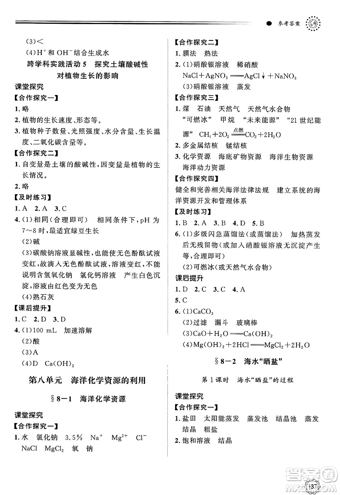 明天出版社2025年春初中同步練習(xí)冊九年級化學(xué)下冊魯教版答案