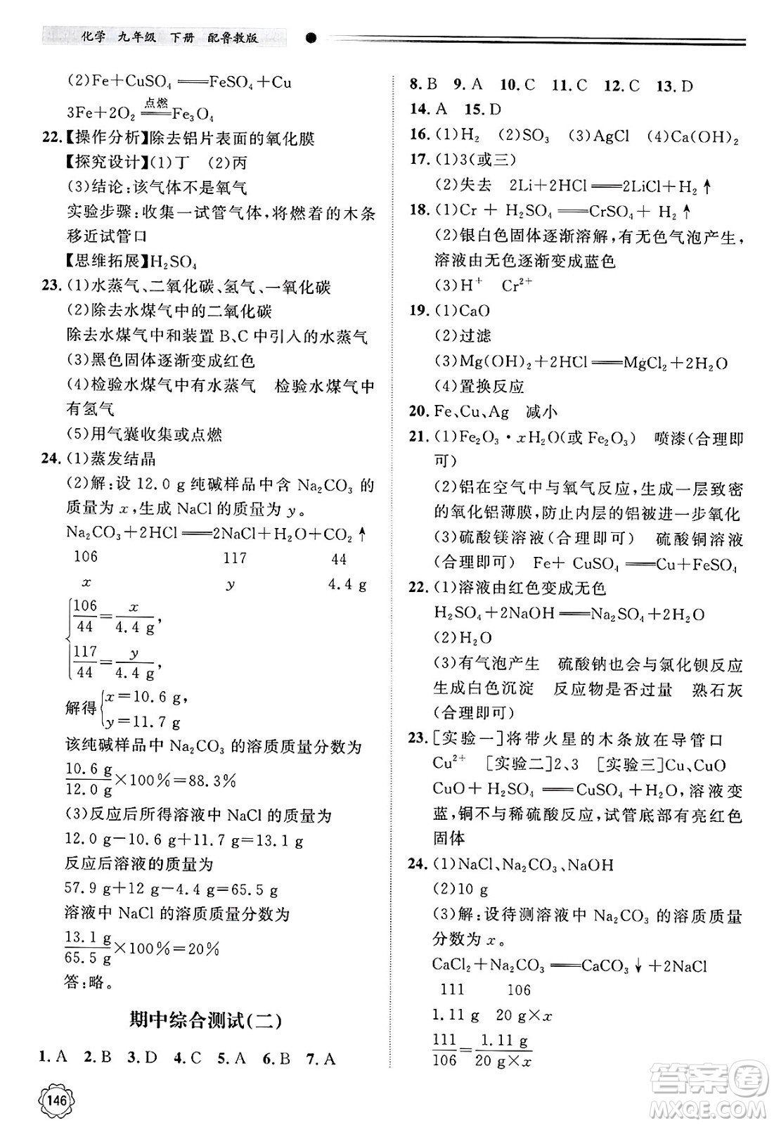 明天出版社2025年春初中同步練習(xí)冊九年級化學(xué)下冊魯教版答案