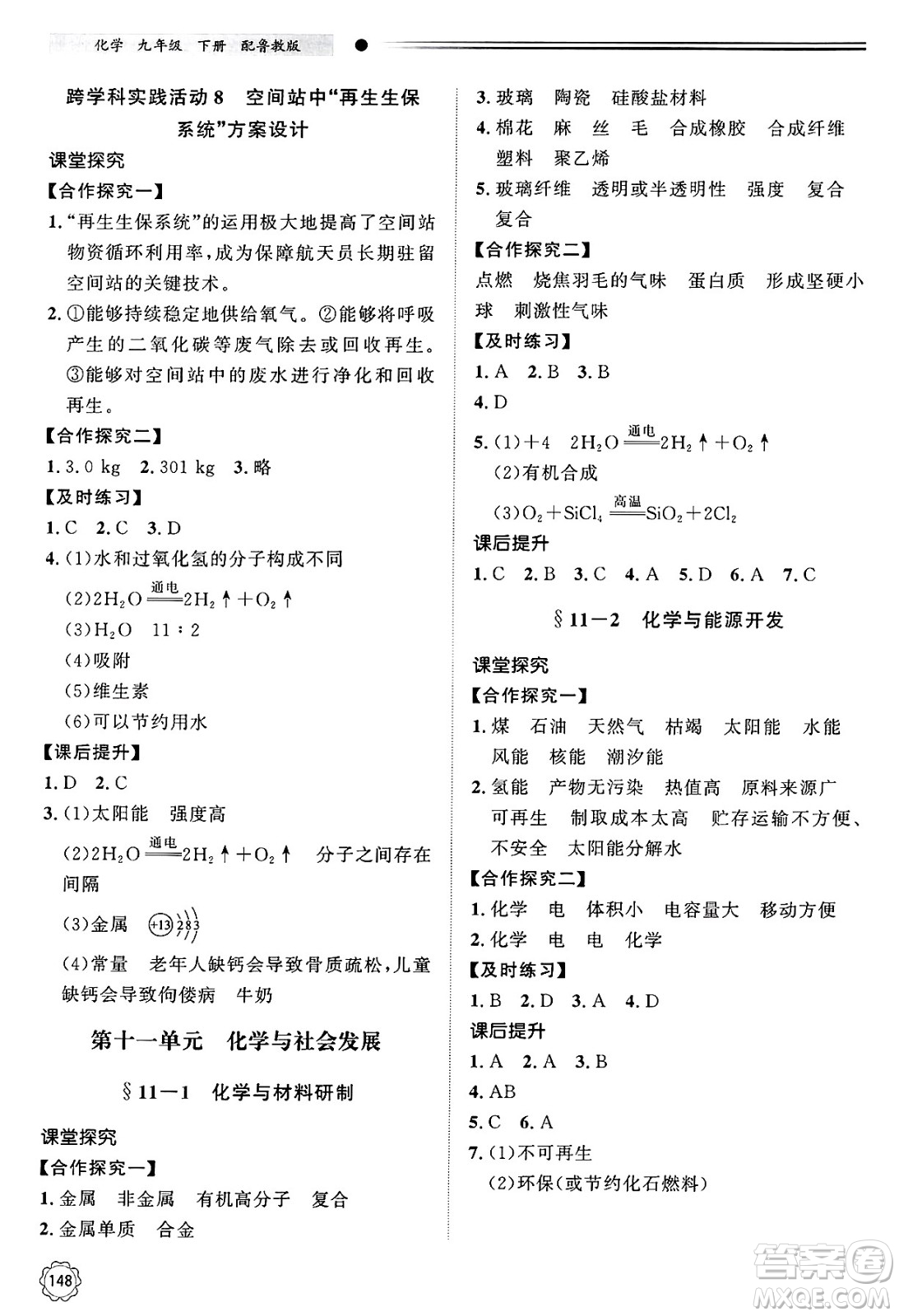 明天出版社2025年春初中同步練習(xí)冊九年級化學(xué)下冊魯教版答案