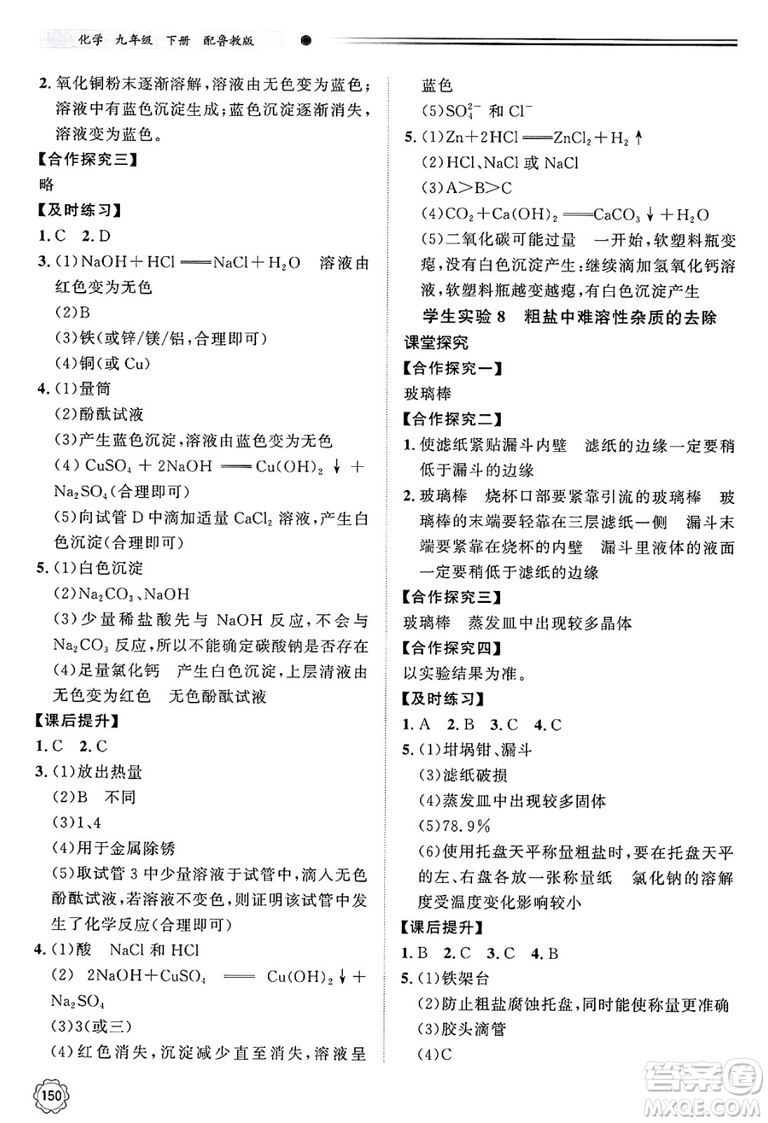 明天出版社2025年春初中同步練習(xí)冊九年級化學(xué)下冊魯教版答案