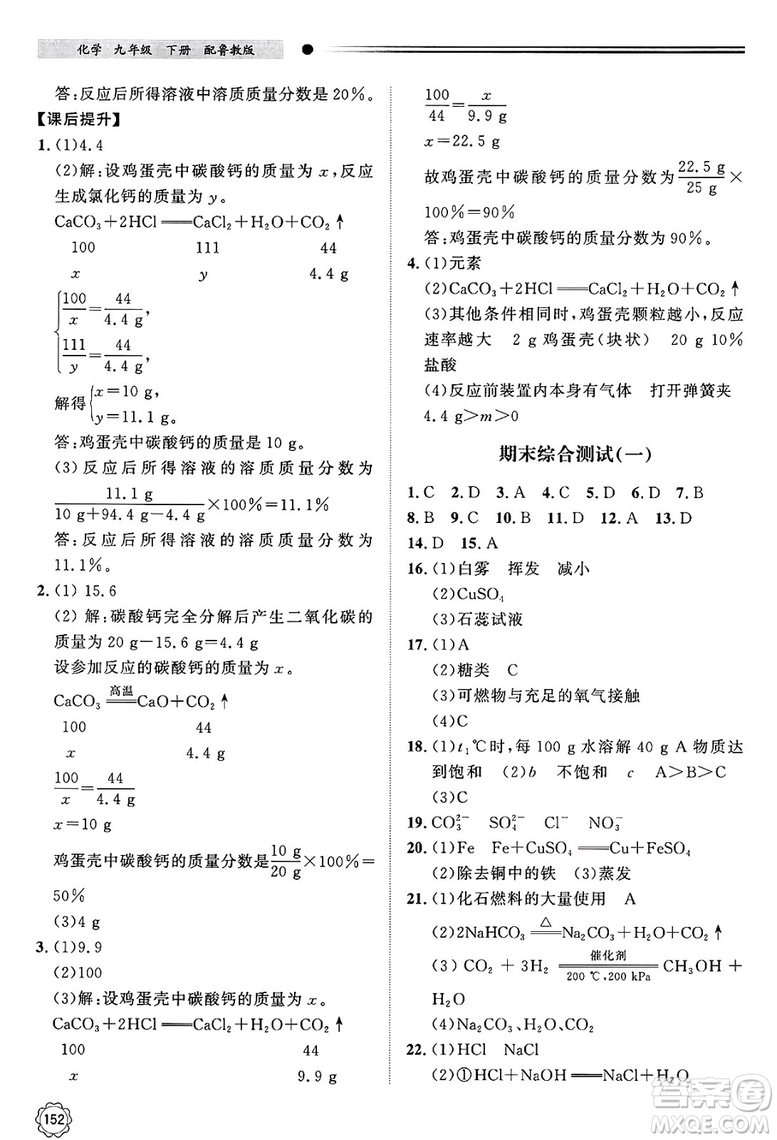 明天出版社2025年春初中同步練習(xí)冊九年級化學(xué)下冊魯教版答案