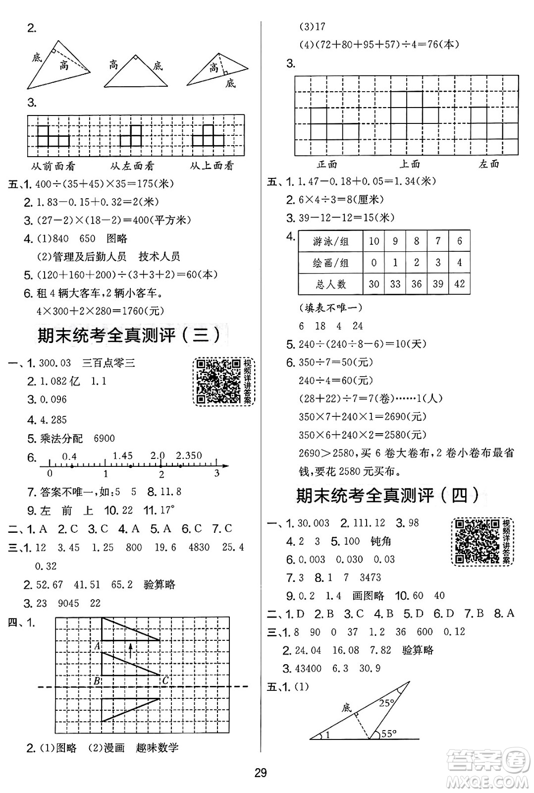 江蘇人民出版社2025年春春雨教育實驗班提優(yōu)大考卷四年級數(shù)學(xué)下冊人教版答案