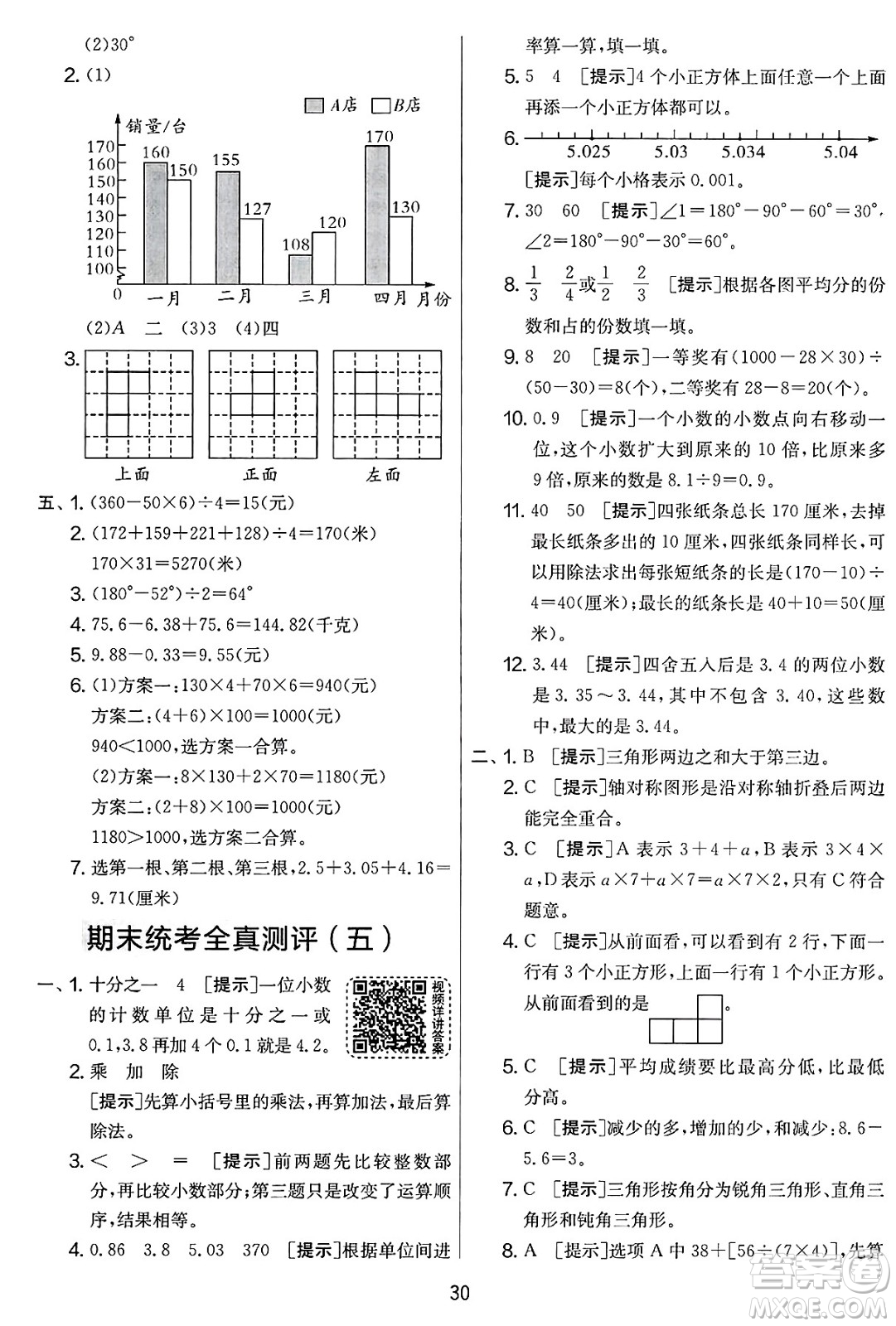 江蘇人民出版社2025年春春雨教育實驗班提優(yōu)大考卷四年級數(shù)學(xué)下冊人教版答案