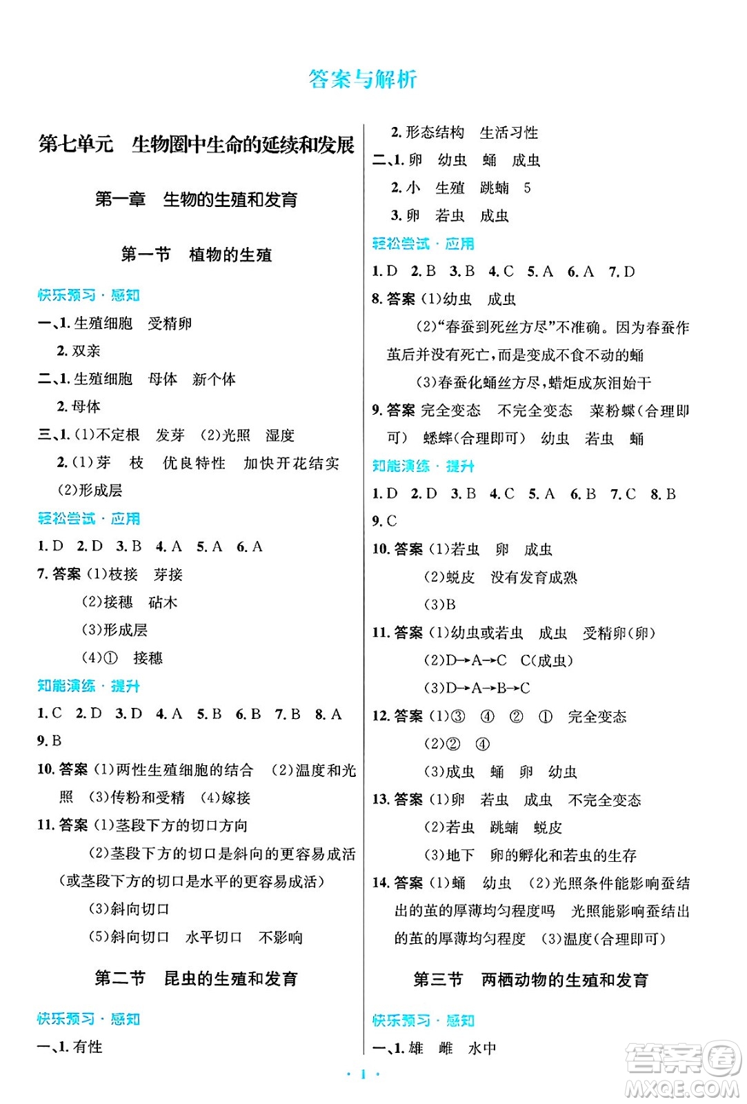 人民教育出版社2025年春初中同步測(cè)控優(yōu)化設(shè)計(jì)八年級(jí)生物下冊(cè)人教版答案