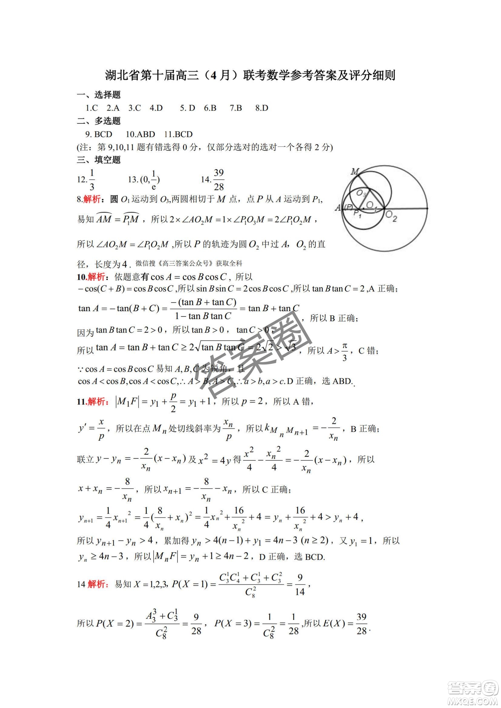 2025第十屆湖北省高三4月調(diào)研模擬考試數(shù)學(xué)試卷答案