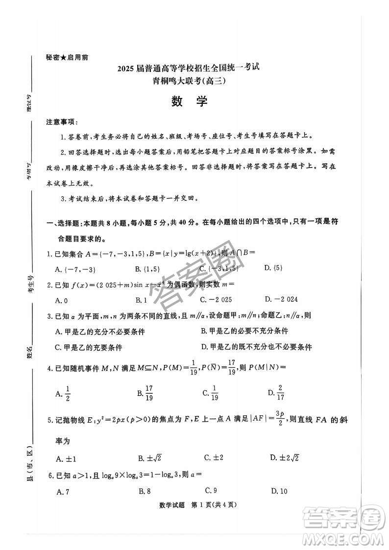 2025年4月青桐鳴大聯(lián)考高三數(shù)學試卷答案