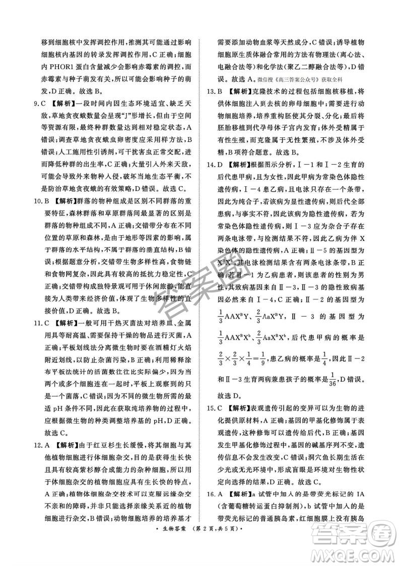 2025年4月青桐鳴大聯(lián)考高三生物試卷答案