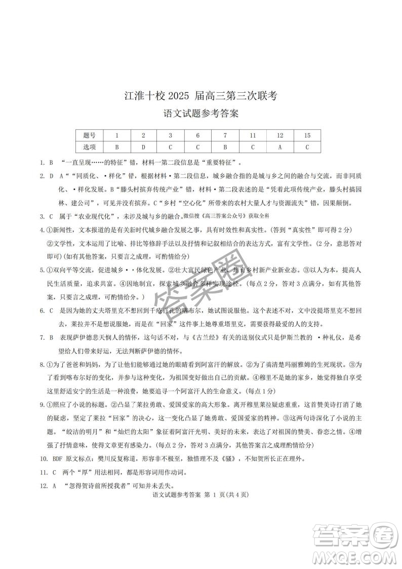 江淮十校2025屆高三第三次聯(lián)考語(yǔ)文試卷答案
