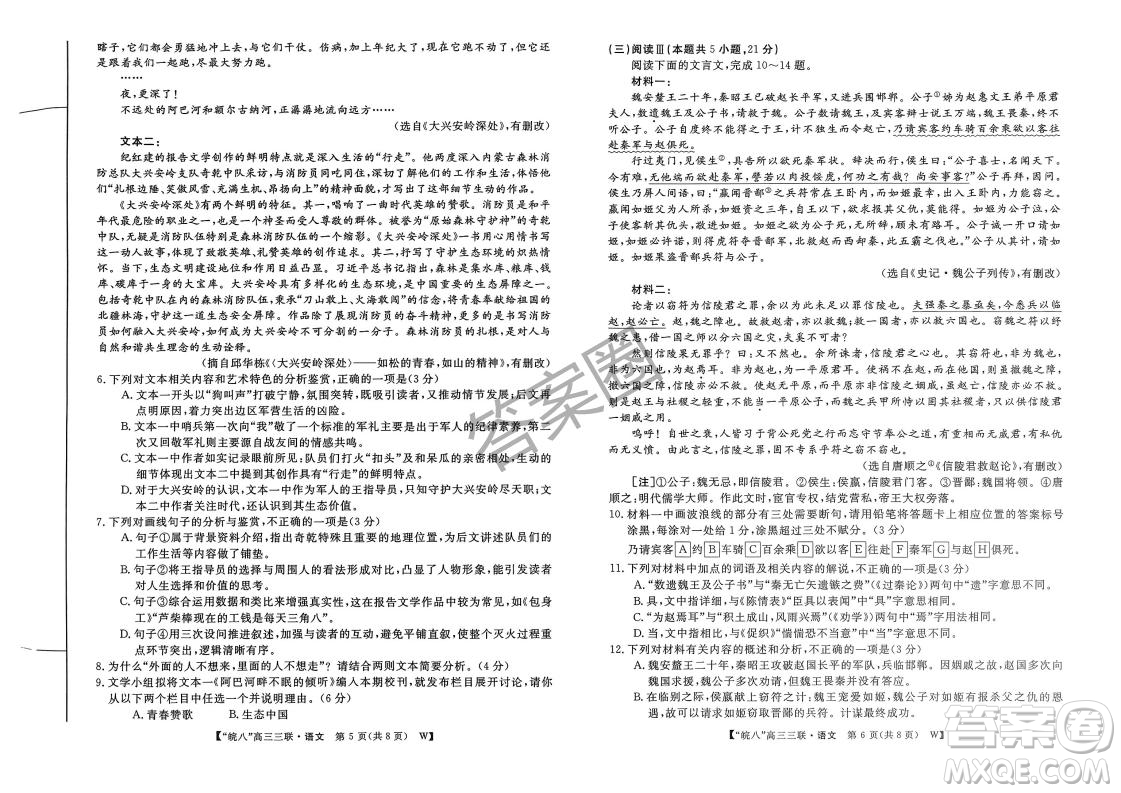 2025屆皖南八校高三第三次大聯(lián)考語文試卷答案