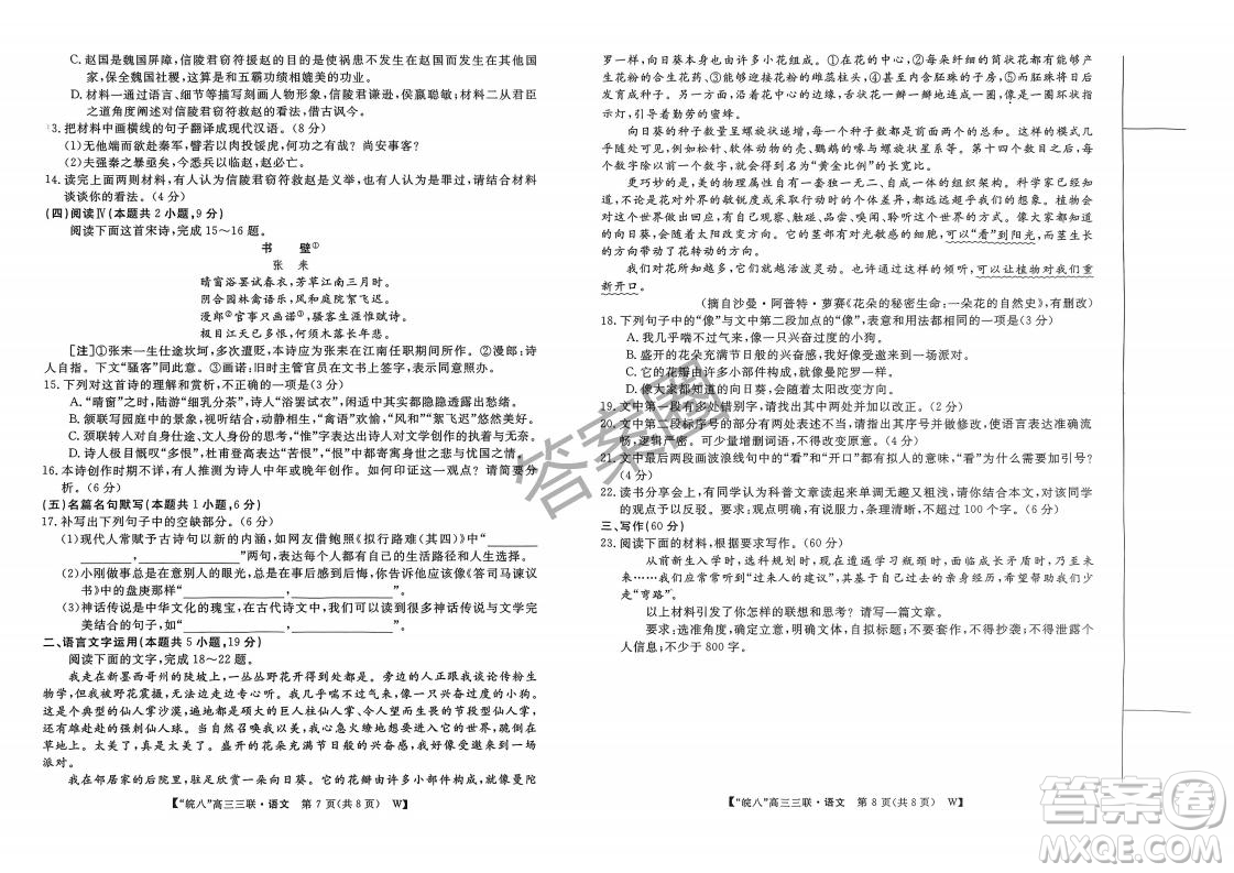 2025屆皖南八校高三第三次大聯(lián)考語文試卷答案