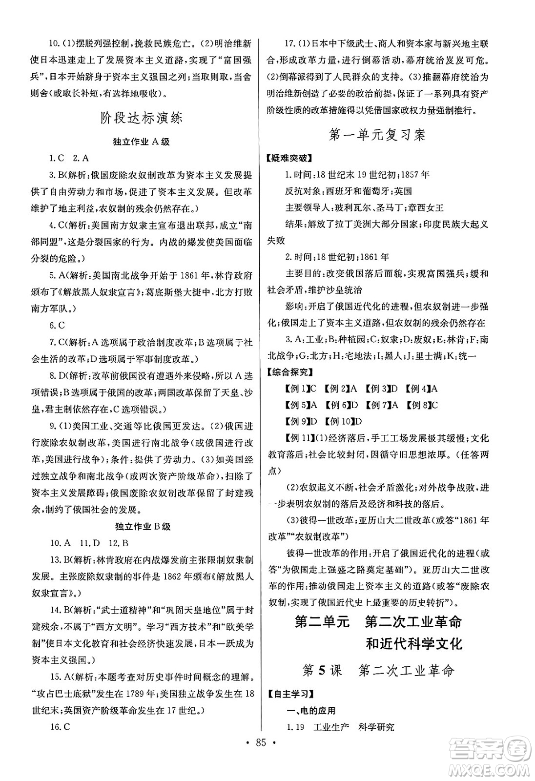湖北教育出版社2025年春長江全能學(xué)案同步練習(xí)冊九年級歷史下冊人教版答案