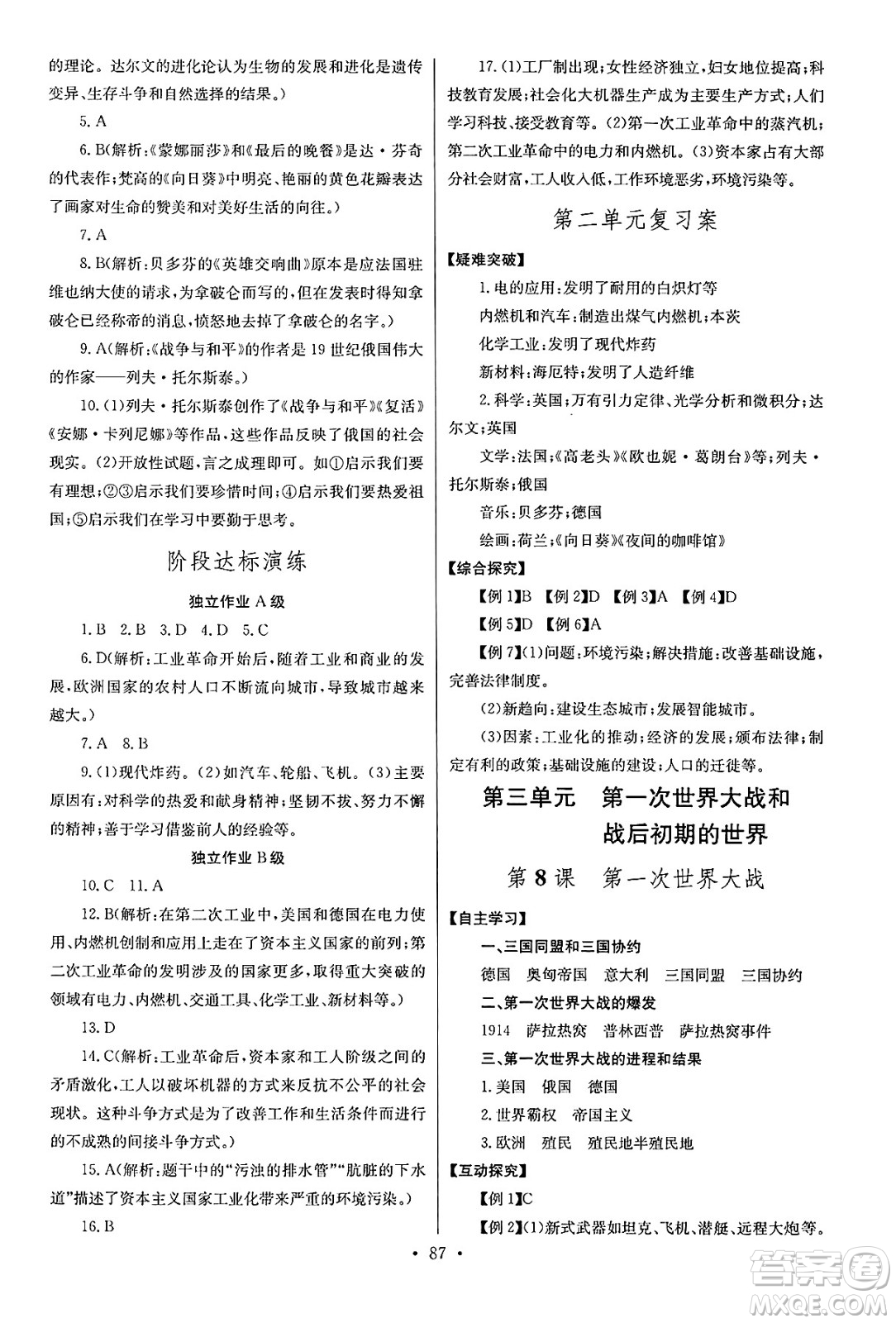 湖北教育出版社2025年春長江全能學(xué)案同步練習(xí)冊九年級歷史下冊人教版答案