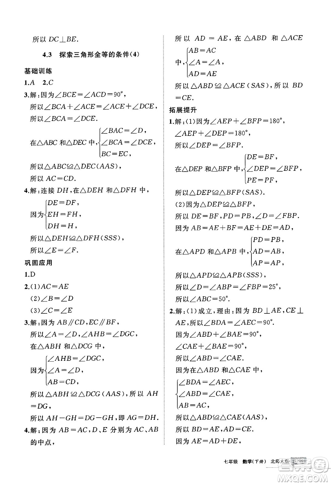 寧夏人民教育出版社2025年春學習之友七年級數(shù)學下冊北師大版答案
