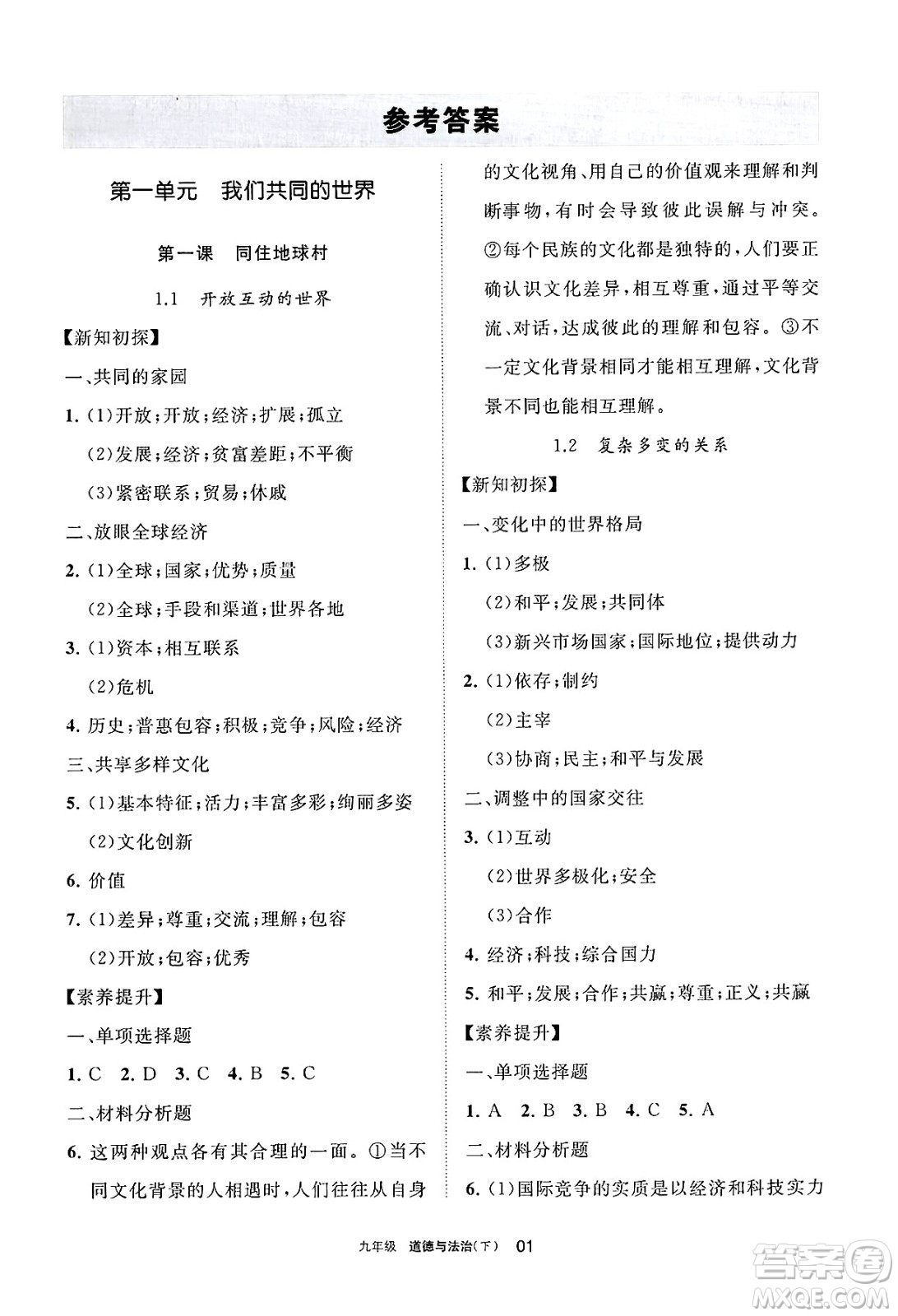 寧夏人民教育出版社2025年春學(xué)習(xí)之友九年級道德與法治下冊通用版答案