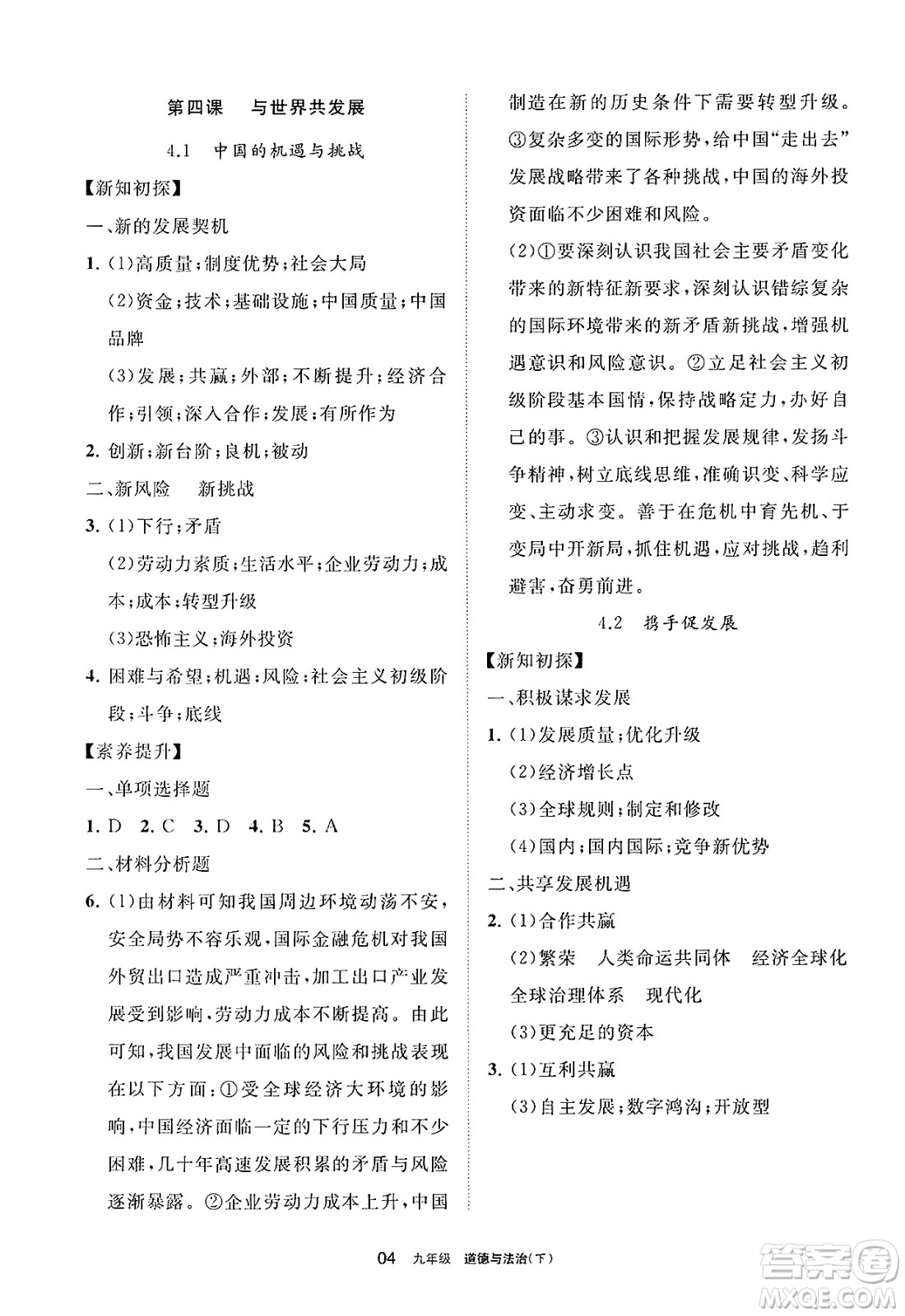 寧夏人民教育出版社2025年春學(xué)習(xí)之友九年級道德與法治下冊通用版答案