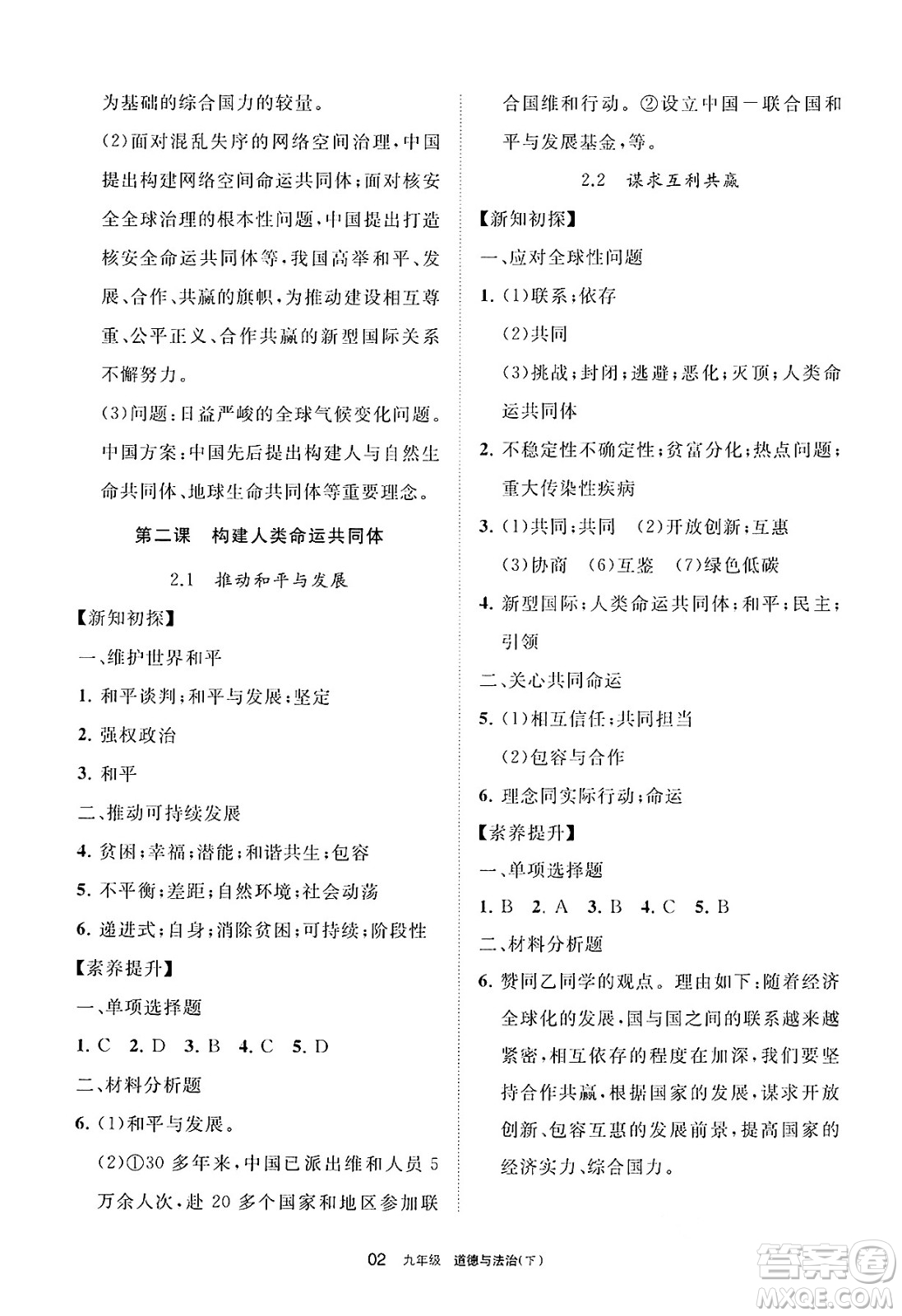 寧夏人民教育出版社2025年春學(xué)習(xí)之友九年級道德與法治下冊通用版答案
