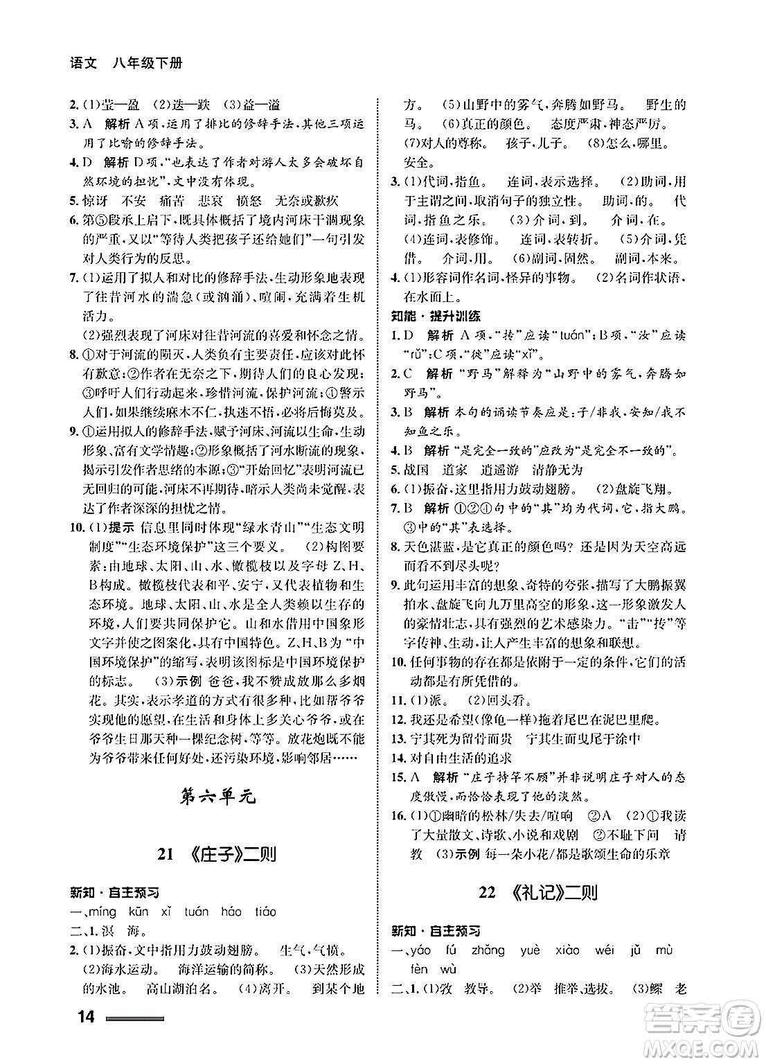 甘肅教育出版社2025年春配套綜合練習(xí)八年級(jí)語文下冊(cè)通用版答案