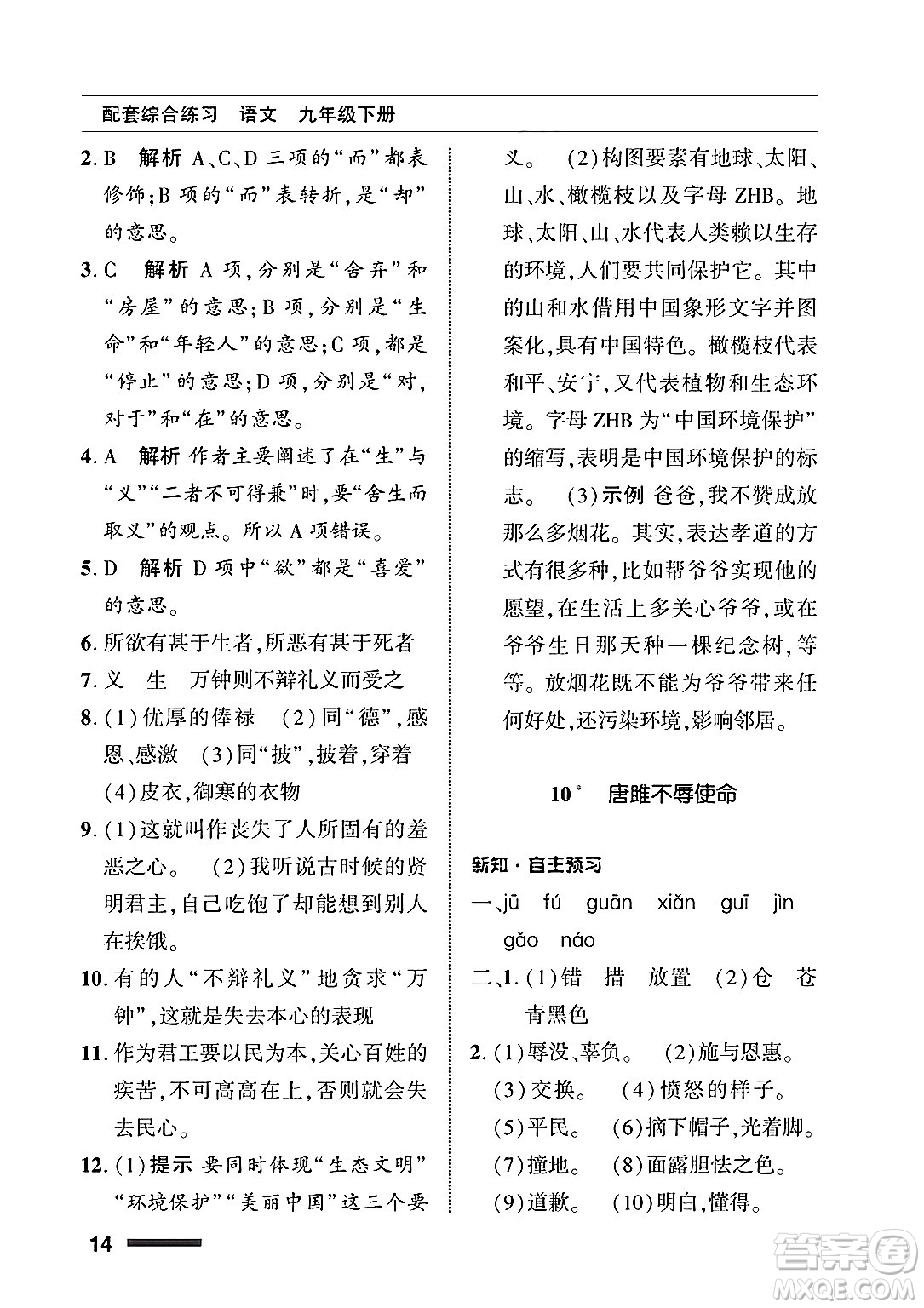 北京師范大學(xué)出版社2025年春配套綜合練習(xí)九年級語文下冊通用版答案