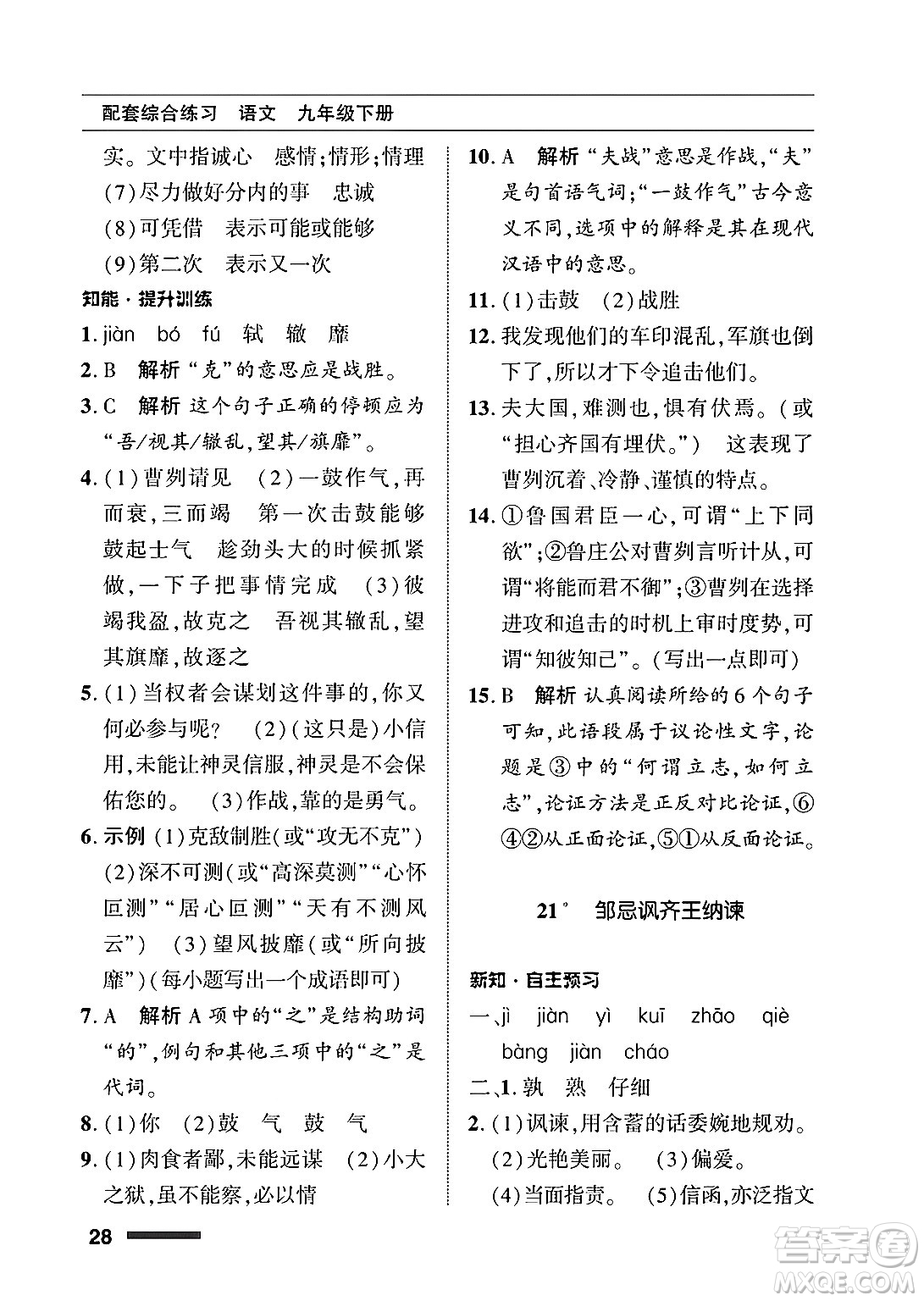 北京師范大學(xué)出版社2025年春配套綜合練習(xí)九年級語文下冊通用版答案