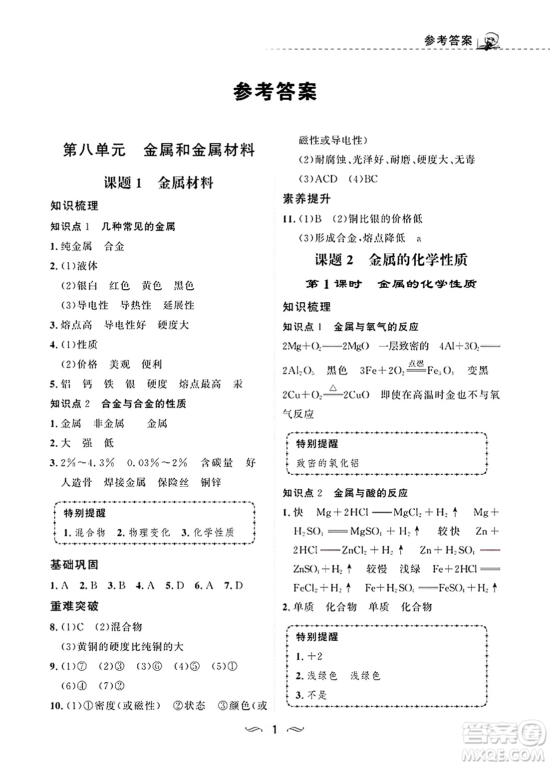 甘肅文化出版社2025年春配套綜合練習(xí)九年級(jí)化學(xué)下冊(cè)人教版答案