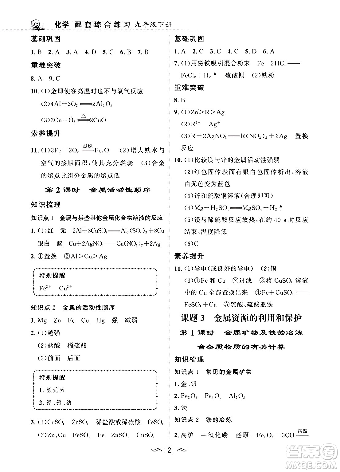 甘肅文化出版社2025年春配套綜合練習(xí)九年級(jí)化學(xué)下冊(cè)人教版答案