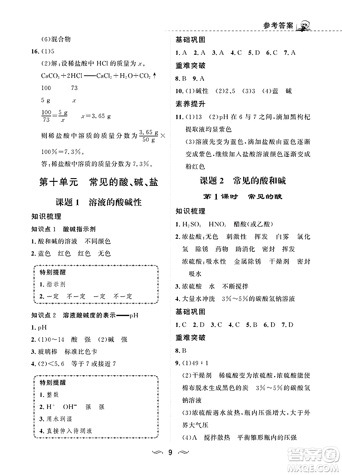 甘肅文化出版社2025年春配套綜合練習(xí)九年級(jí)化學(xué)下冊(cè)人教版答案