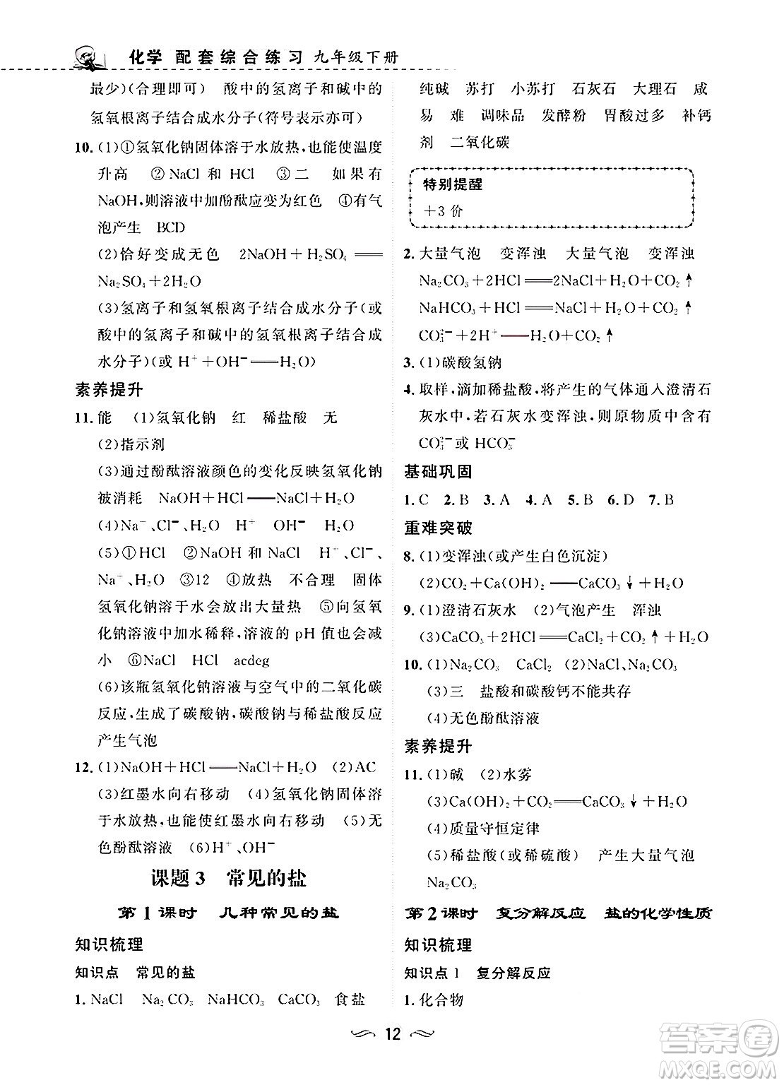 甘肅文化出版社2025年春配套綜合練習(xí)九年級(jí)化學(xué)下冊(cè)人教版答案