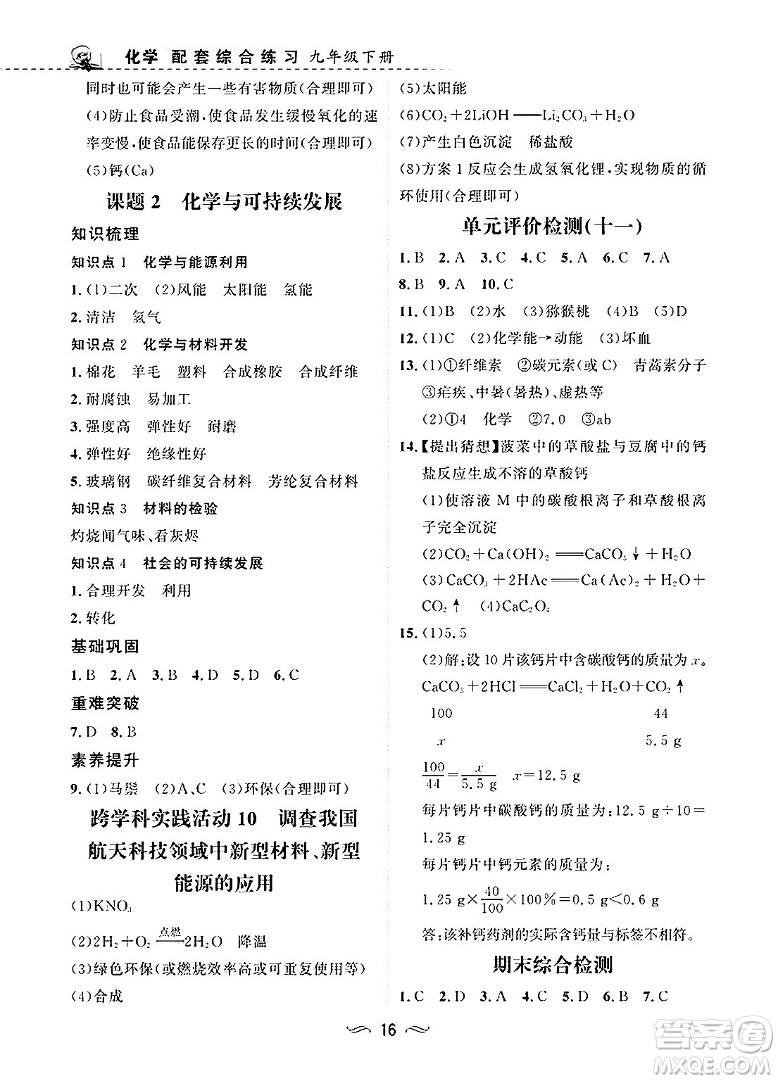 甘肅文化出版社2025年春配套綜合練習(xí)九年級(jí)化學(xué)下冊(cè)人教版答案