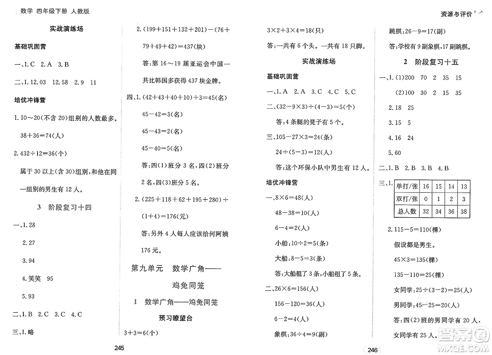 黑龍江教育出版社2025年春資源與評價四年級數(shù)學(xué)下冊人教版答案