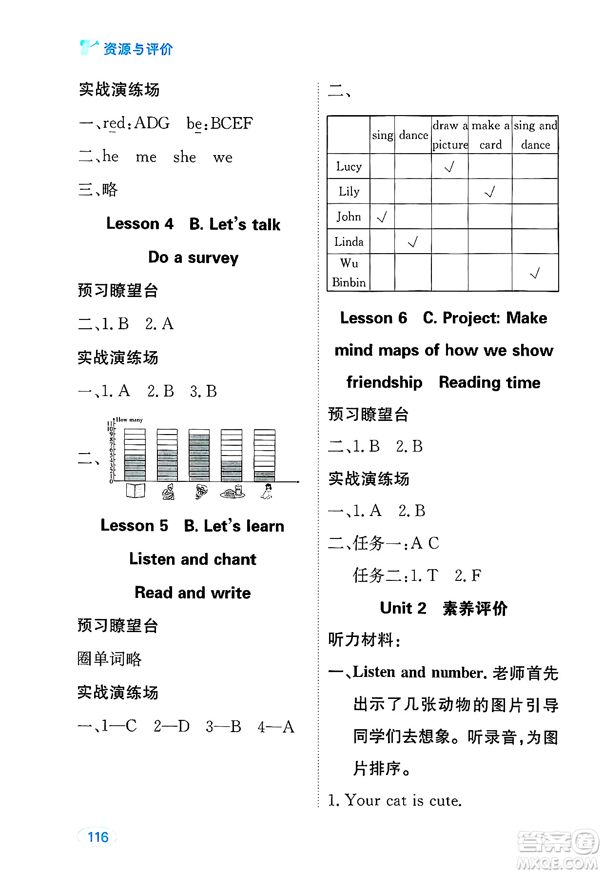 黑龍江教育出版社2025年春資源與評價三年級英語下冊人教PEP版黑龍江專版答案