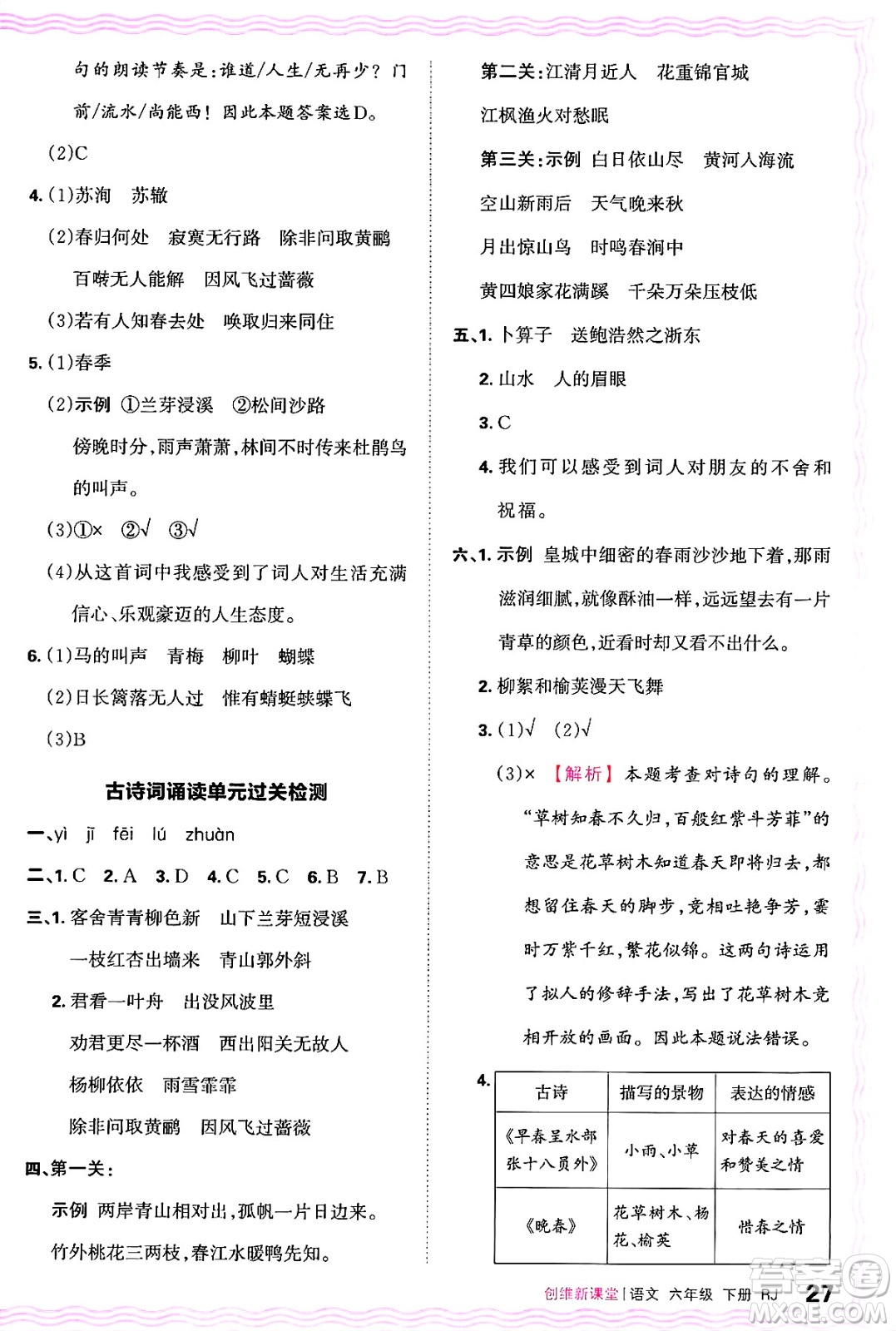 江西人民出版社2025年春王朝霞創(chuàng)維新課堂六年級(jí)語(yǔ)文下冊(cè)人教版答案