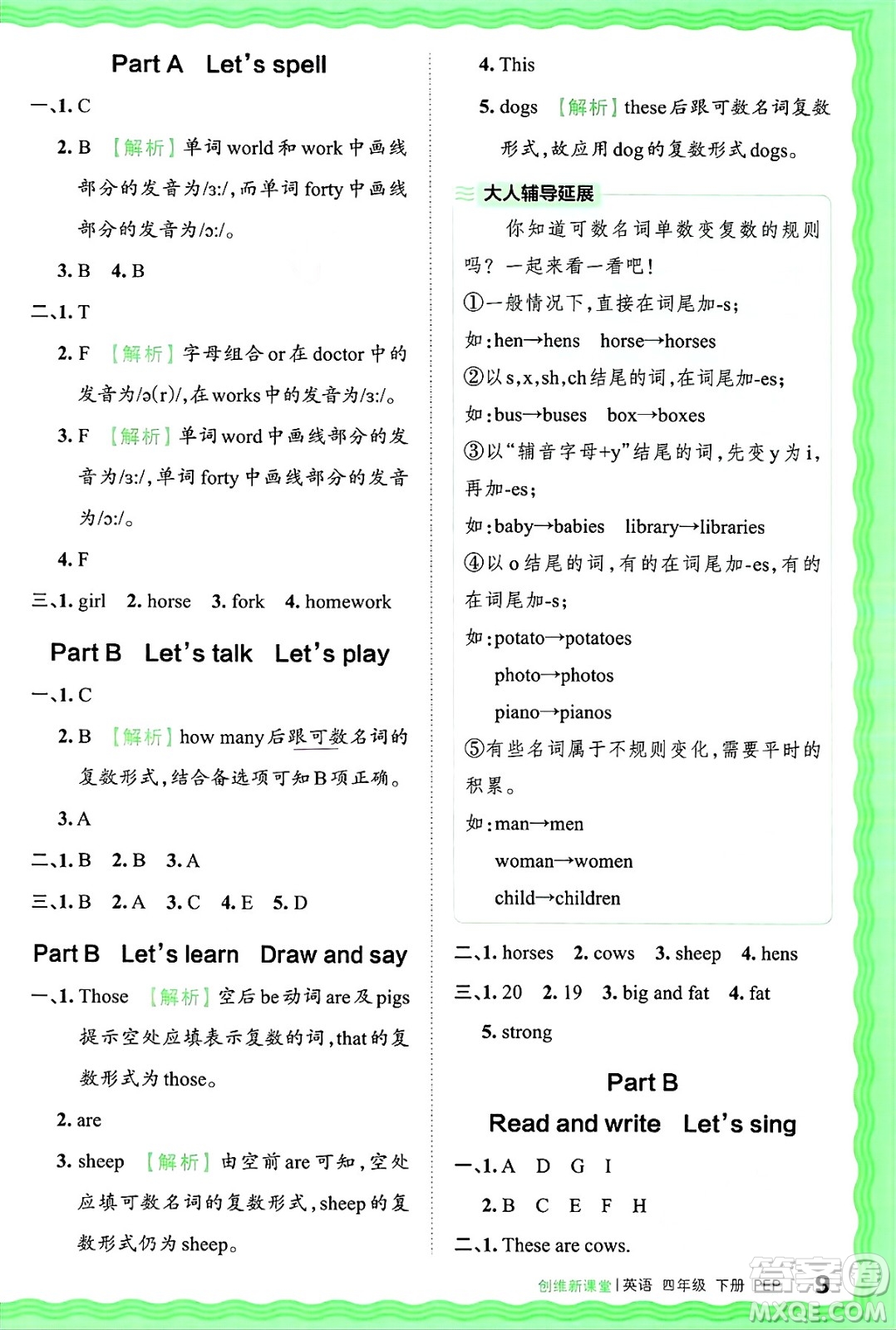 江西人民出版社2025年春王朝霞創(chuàng)維新課堂四年級英語下冊人教PEP版答案